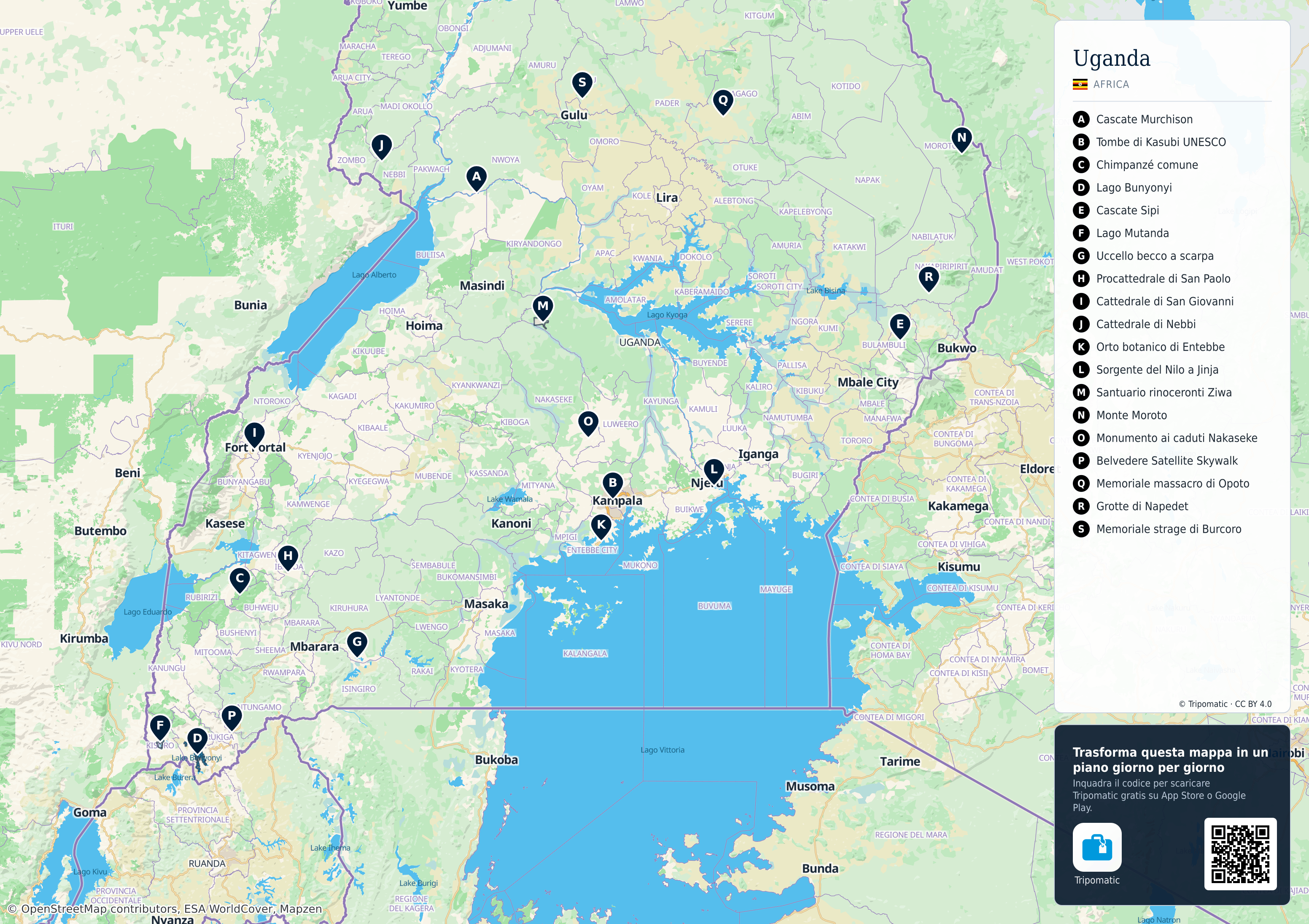 Uganda – mappa turistica stampabile con le migliori attrazioni numerate