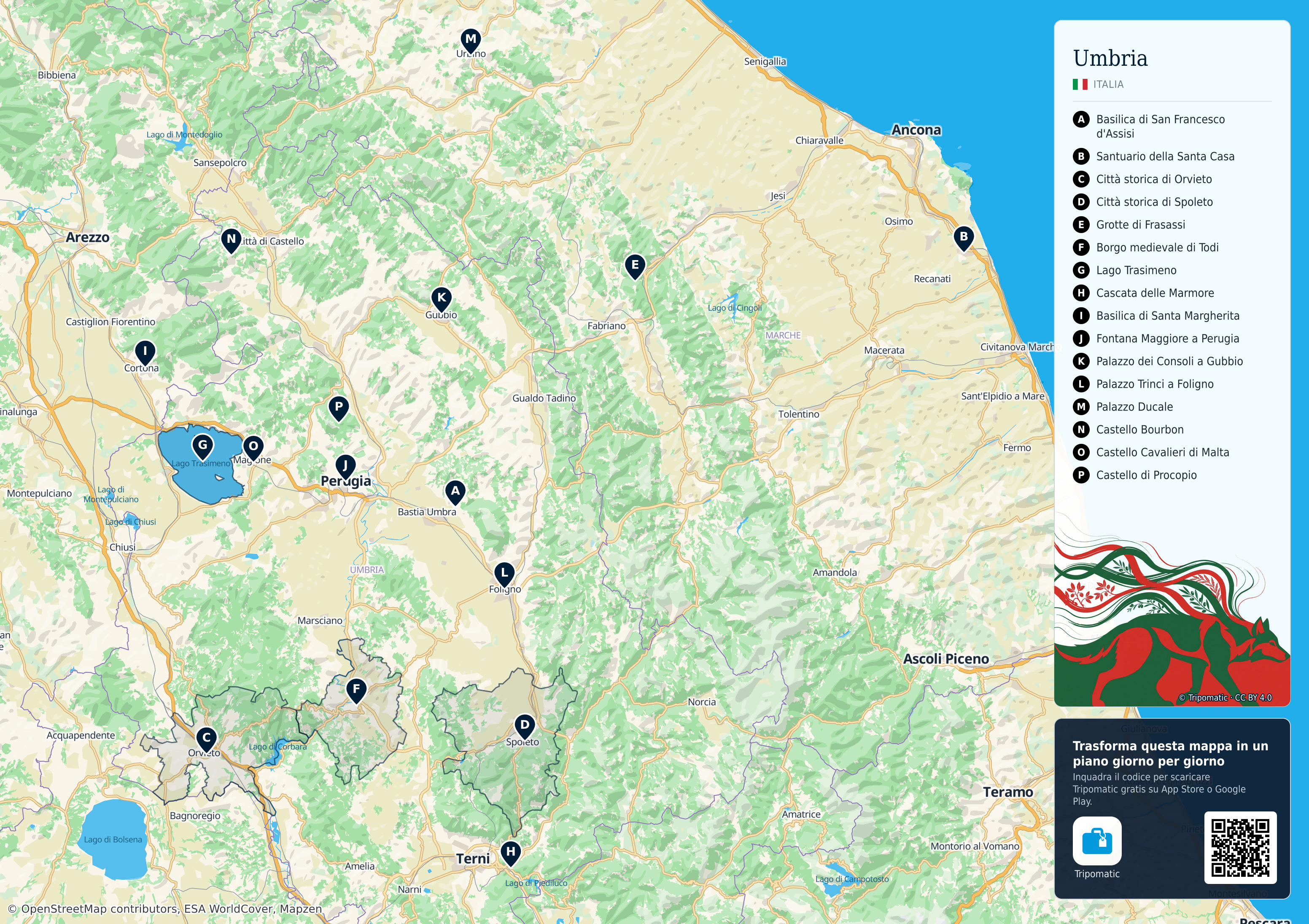 Umbria – mappa turistica stampabile con le migliori attrazioni numerate