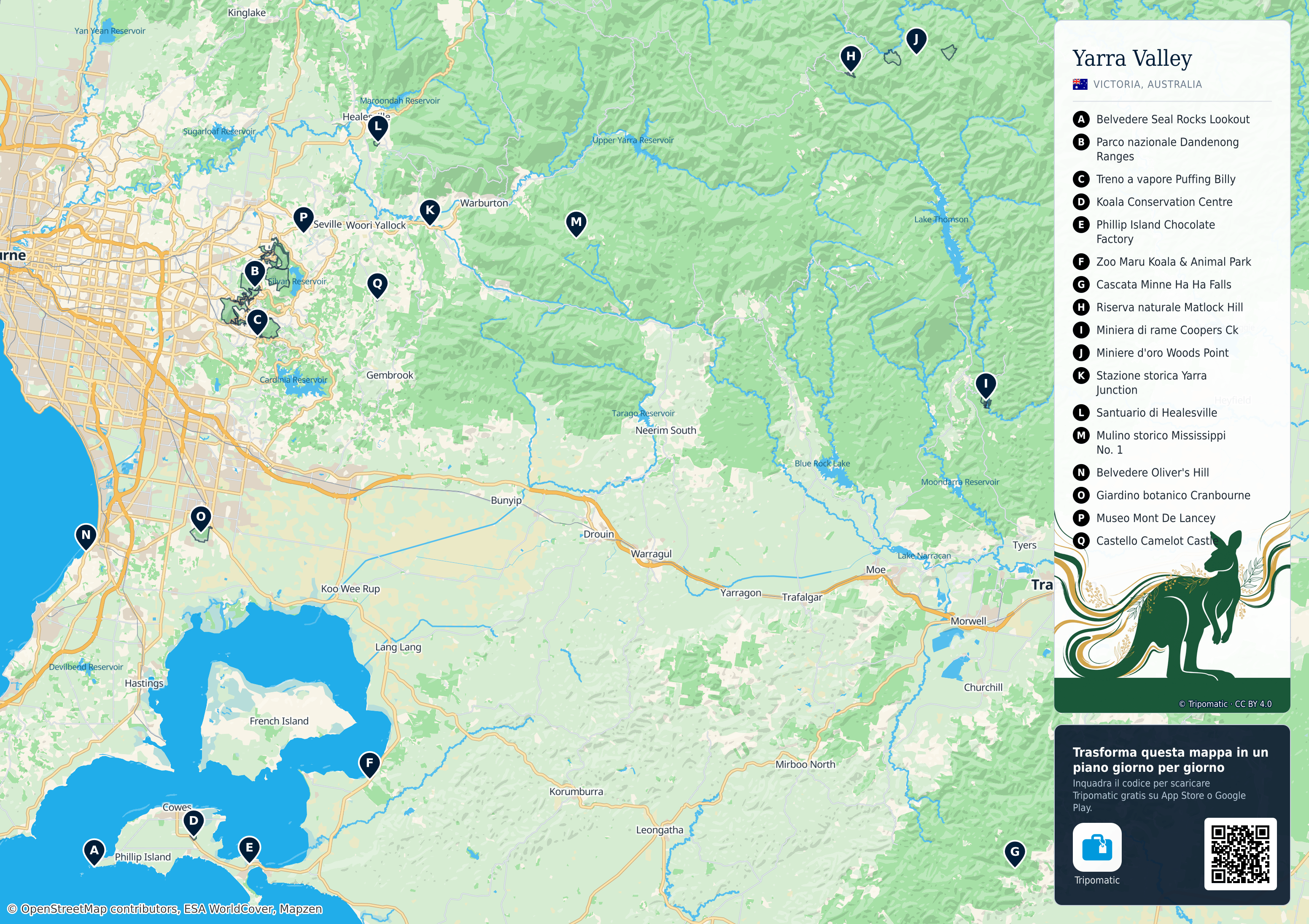 Yarra Valley – mappa turistica stampabile con le migliori attrazioni numerate