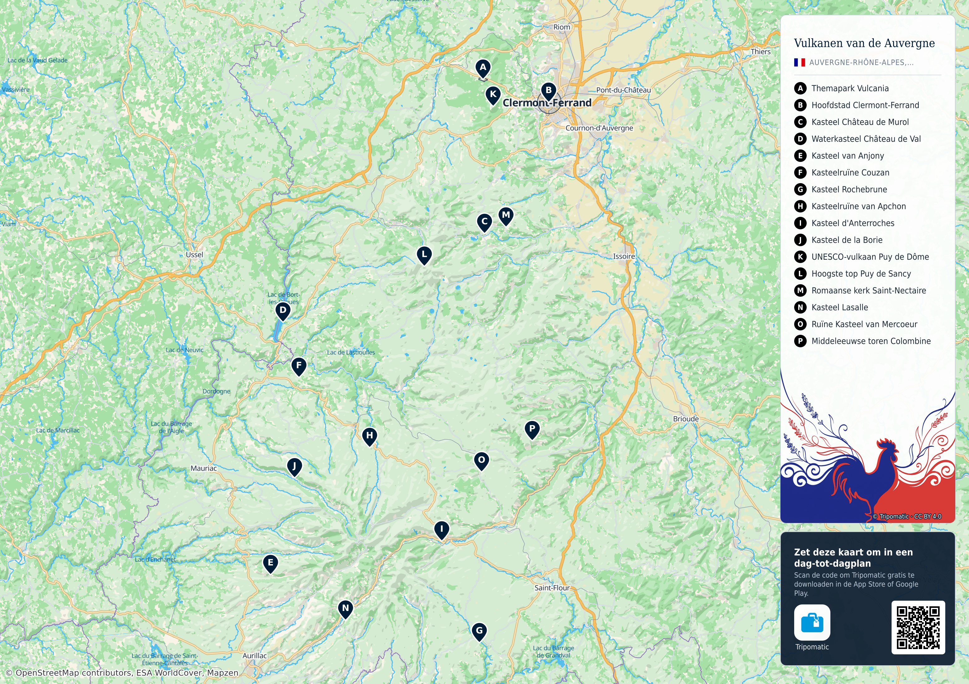 Regionaal Natuurpark Vulkanen van de Auvergne – printbare toeristische kaart met genummerde topbezienswaardigheden