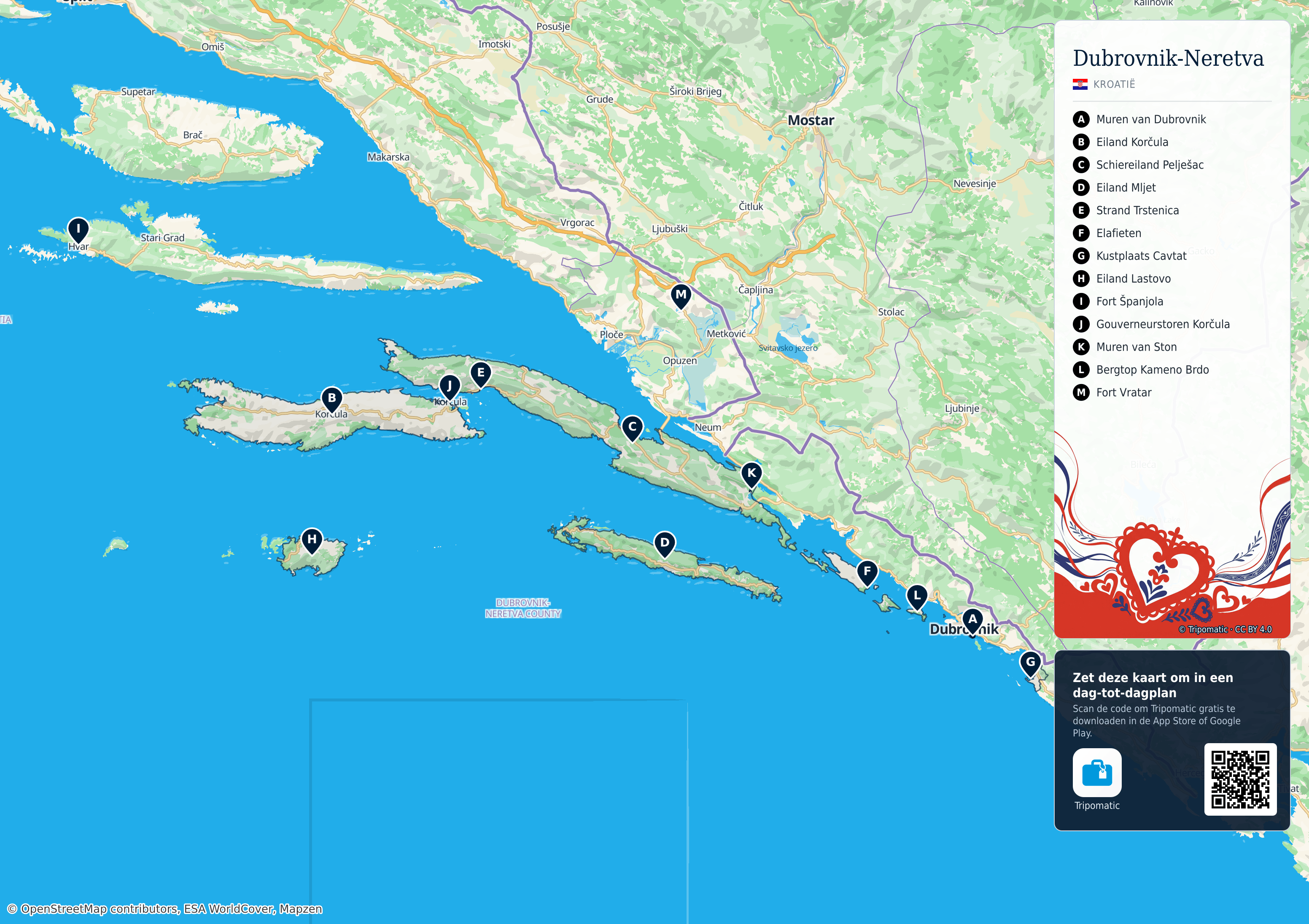 Dubrovnik-Neretva – printbare toeristische kaart met genummerde topbezienswaardigheden