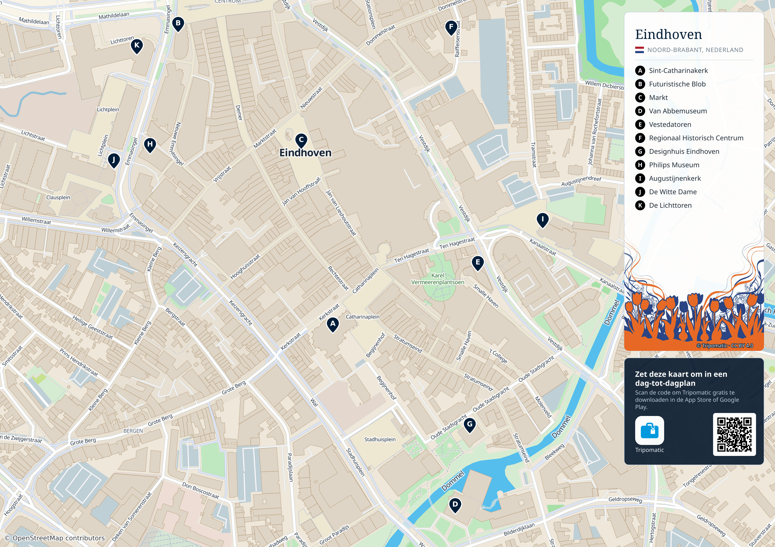 Eindhoven – printbare toeristische kaart met genummerde topbezienswaardigheden