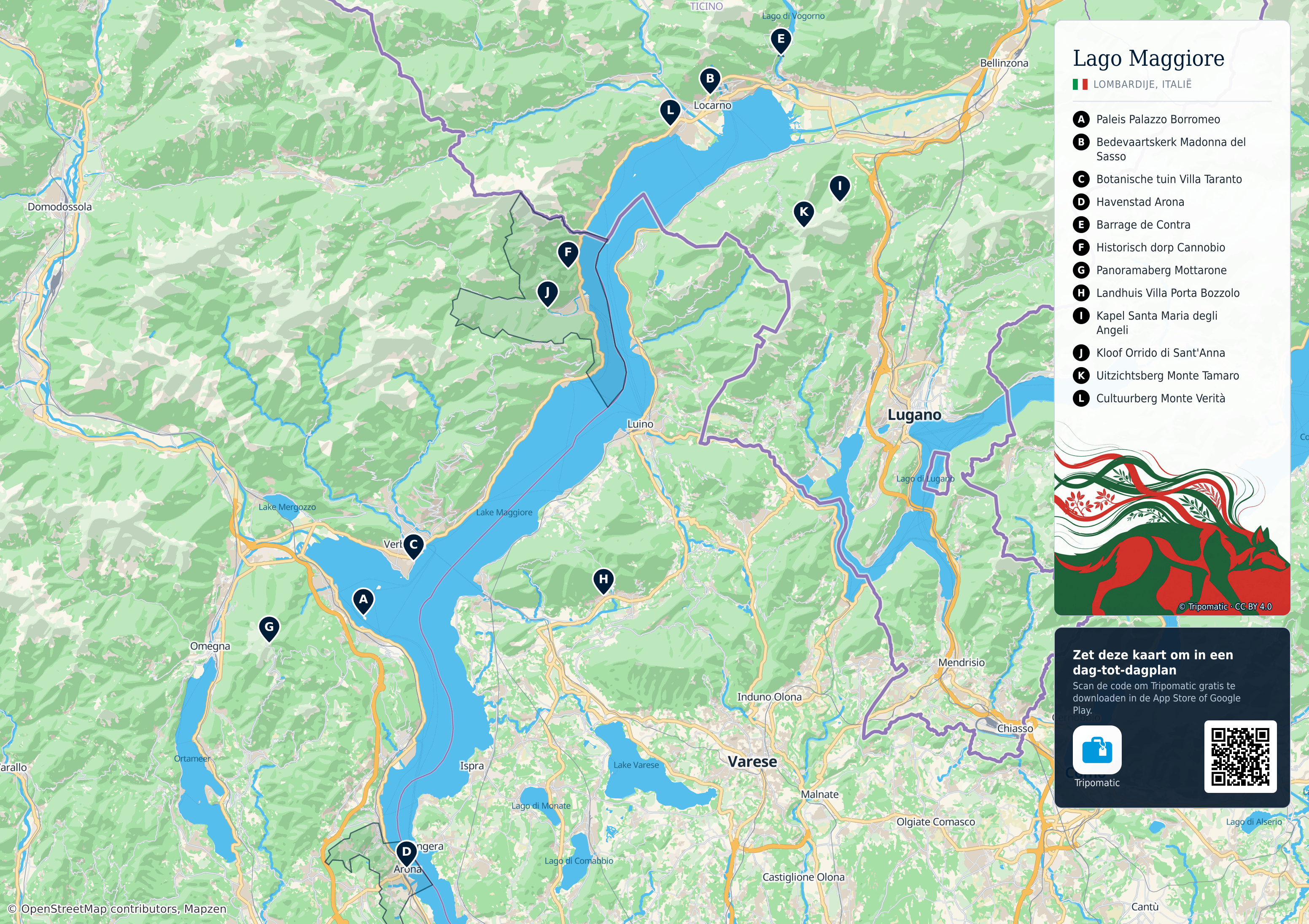 Lago Maggiore – printbare toeristische kaart met genummerde topbezienswaardigheden