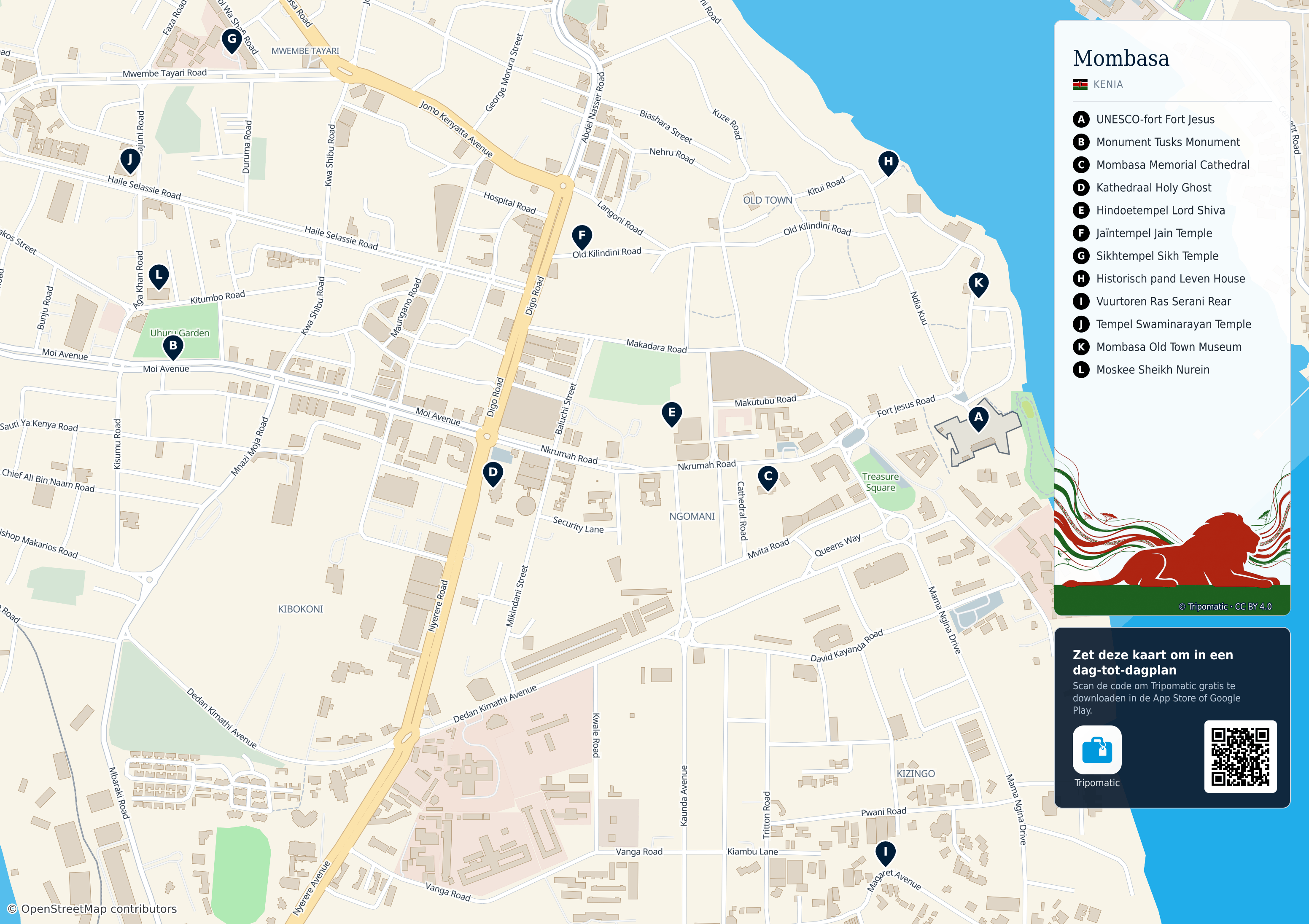 Mombasa – printbare toeristische kaart met genummerde topbezienswaardigheden