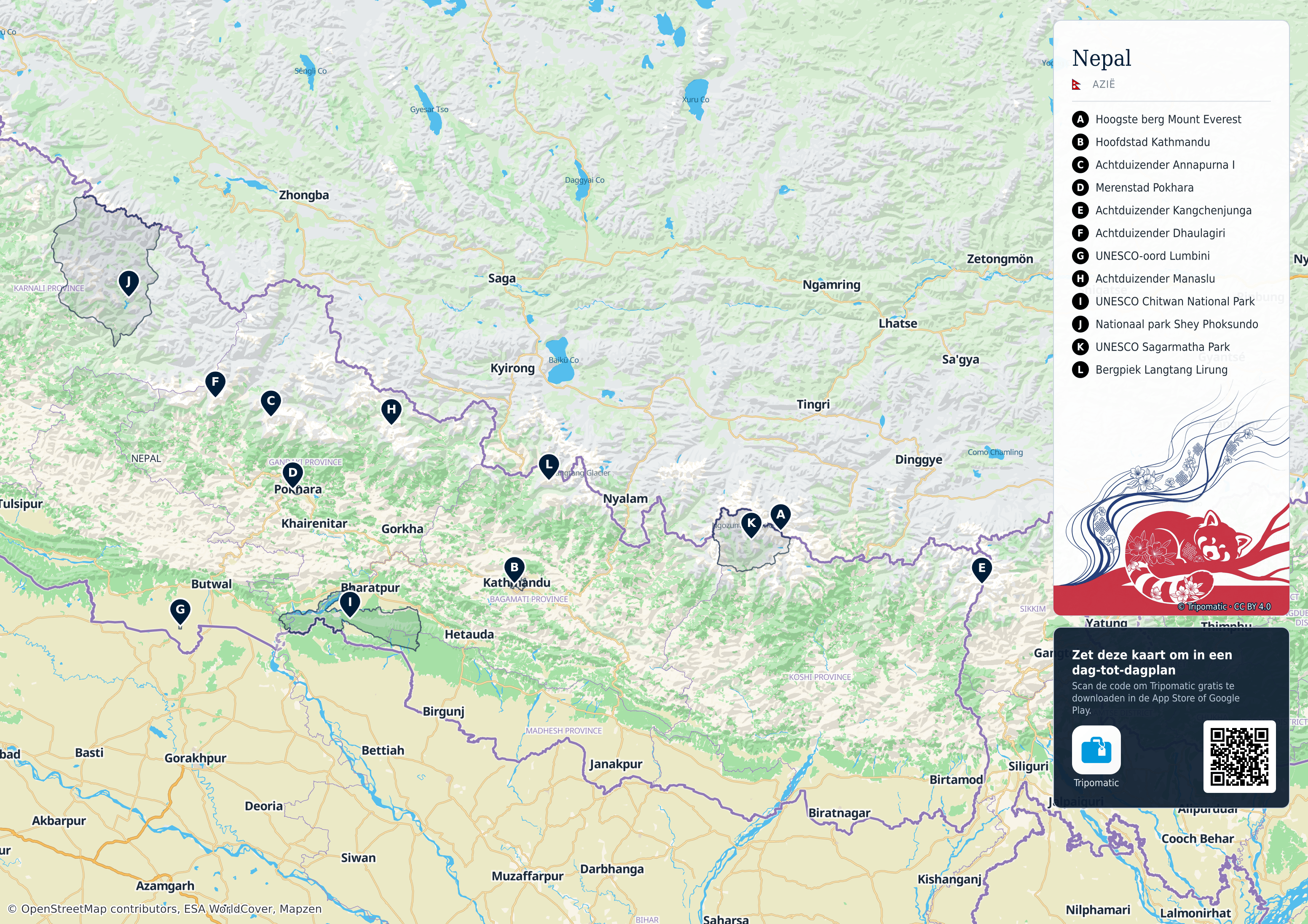 Nepal – printbare toeristische kaart met genummerde topbezienswaardigheden
