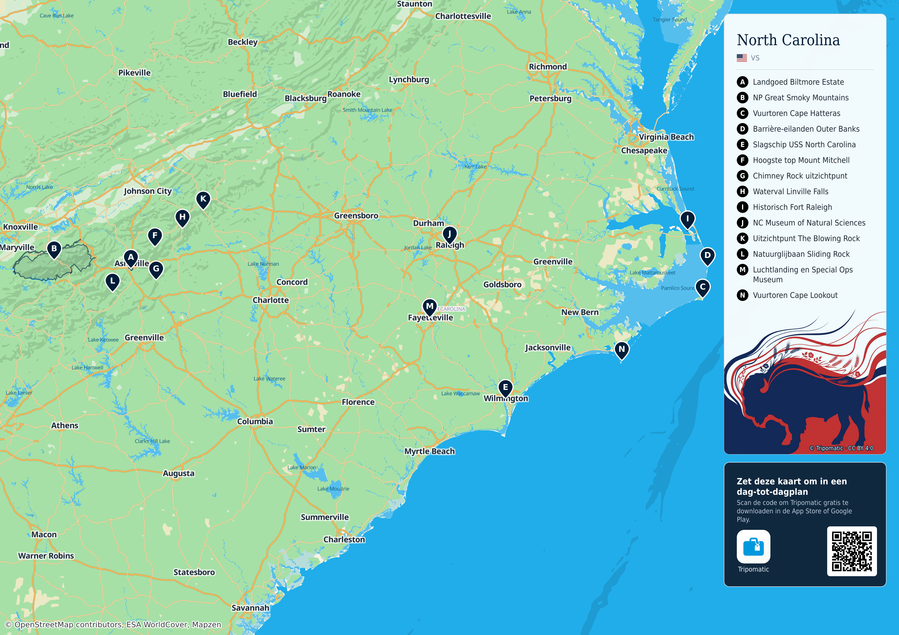 North Carolina – printbare toeristische kaart met genummerde topbezienswaardigheden