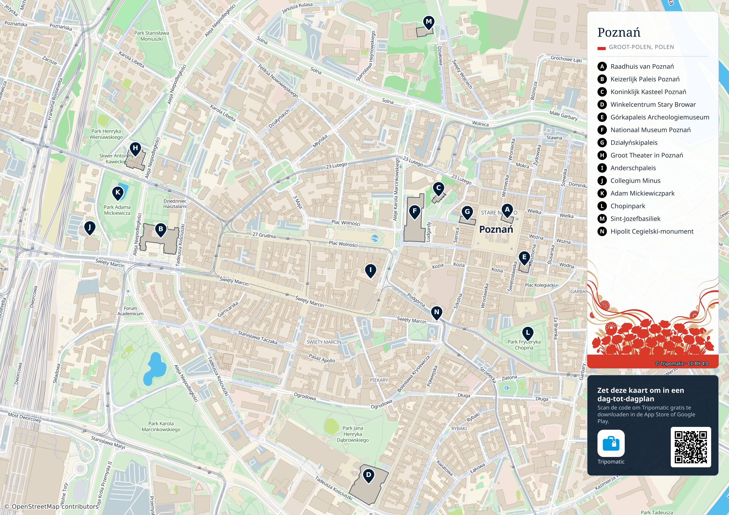 Poznań – printbare toeristische kaart met genummerde topbezienswaardigheden