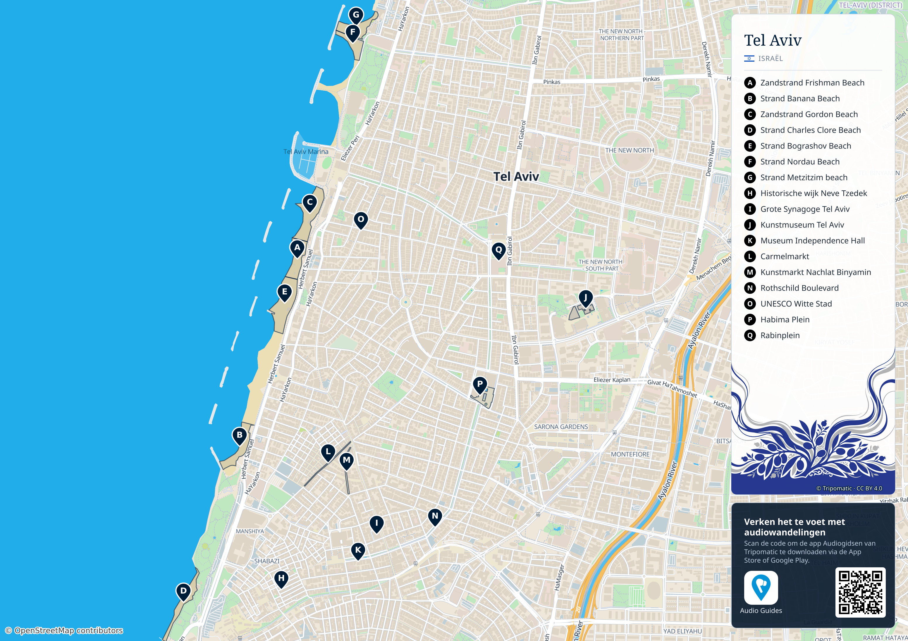 Tel Aviv – printbare toeristische kaart met genummerde topbezienswaardigheden