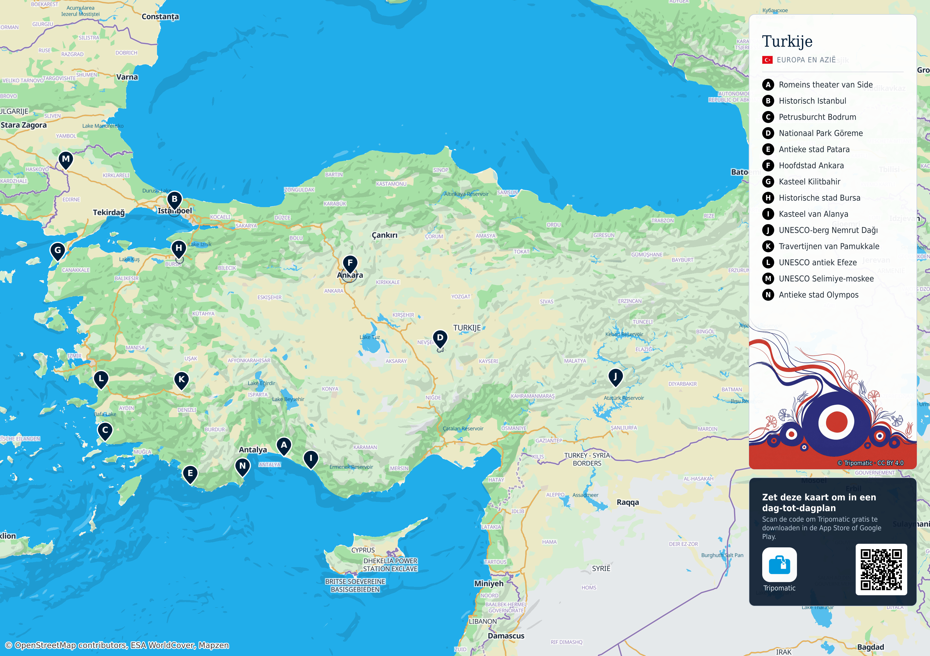 Turkije – printbare toeristische kaart met genummerde topbezienswaardigheden