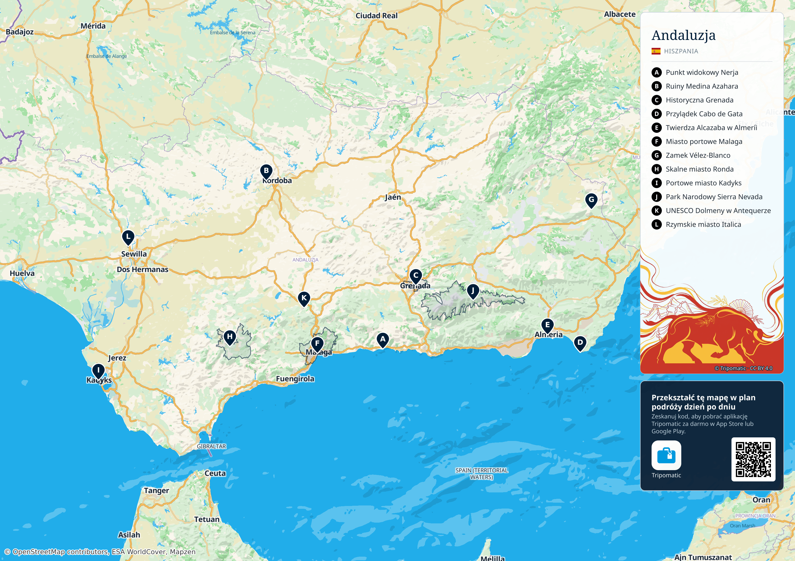 Andaluzja – turystyczna mapa do druku z ponumerowanymi atrakcjami