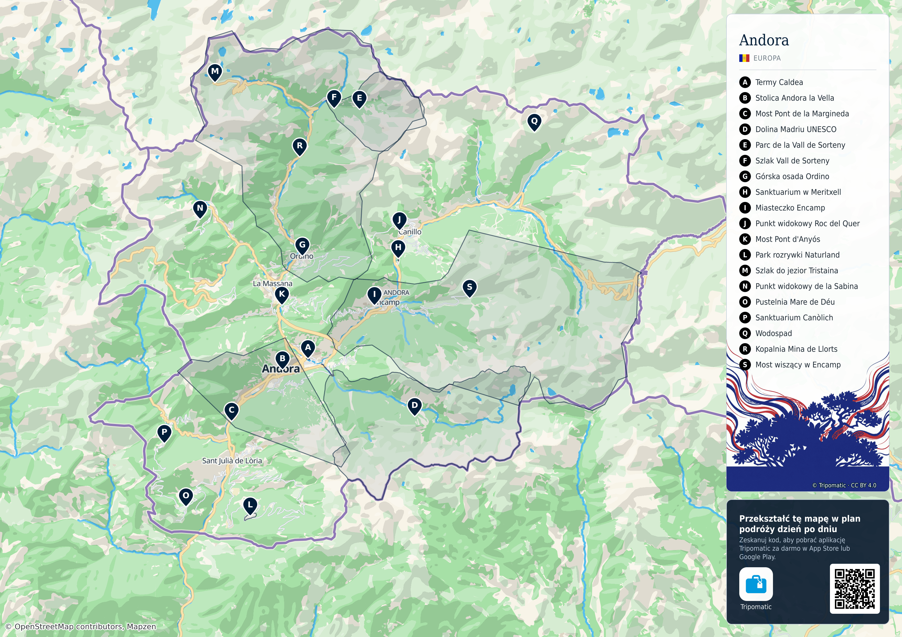Andora – turystyczna mapa do druku z ponumerowanymi atrakcjami