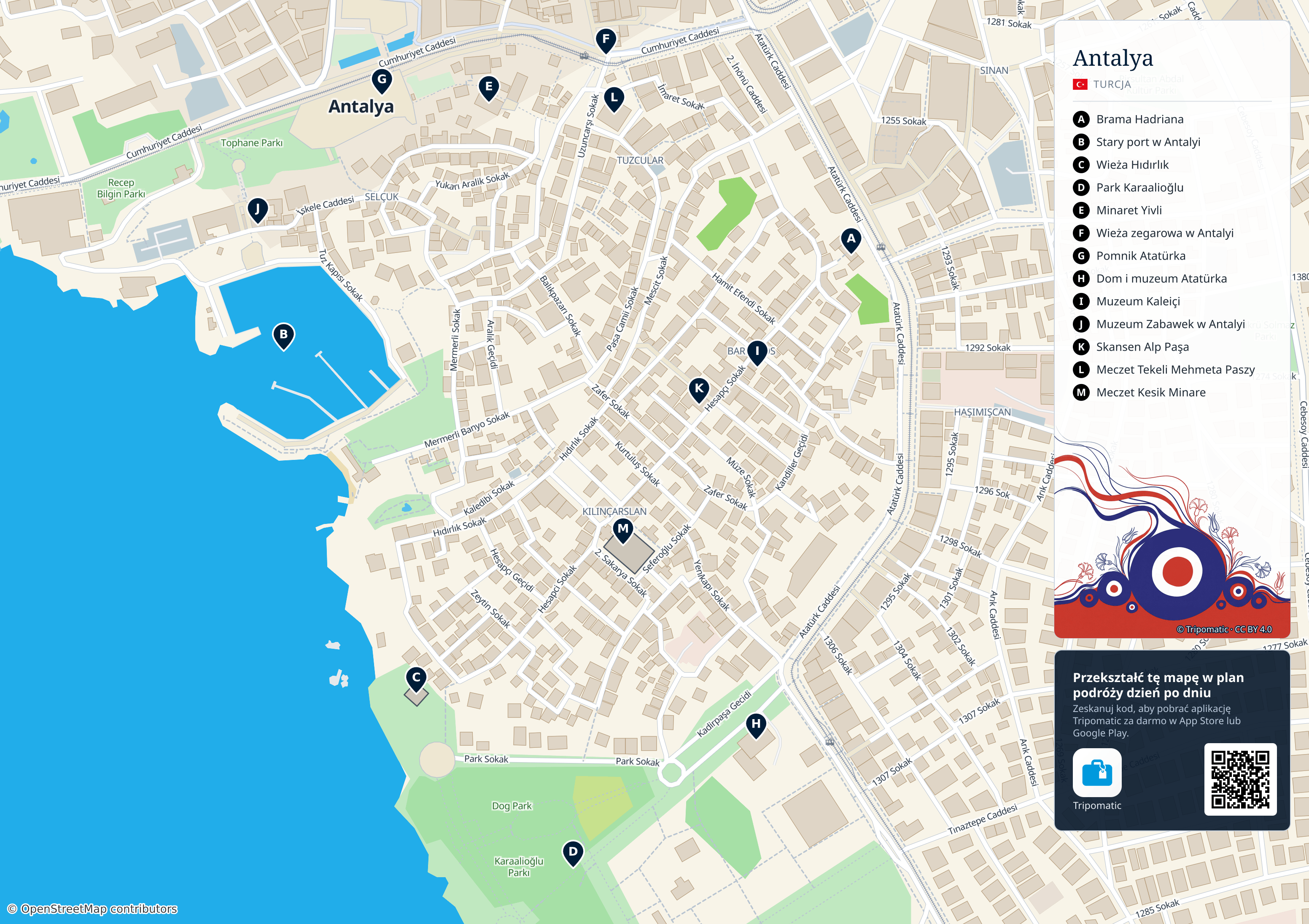 Antalya – turystyczna mapa do druku z ponumerowanymi atrakcjami