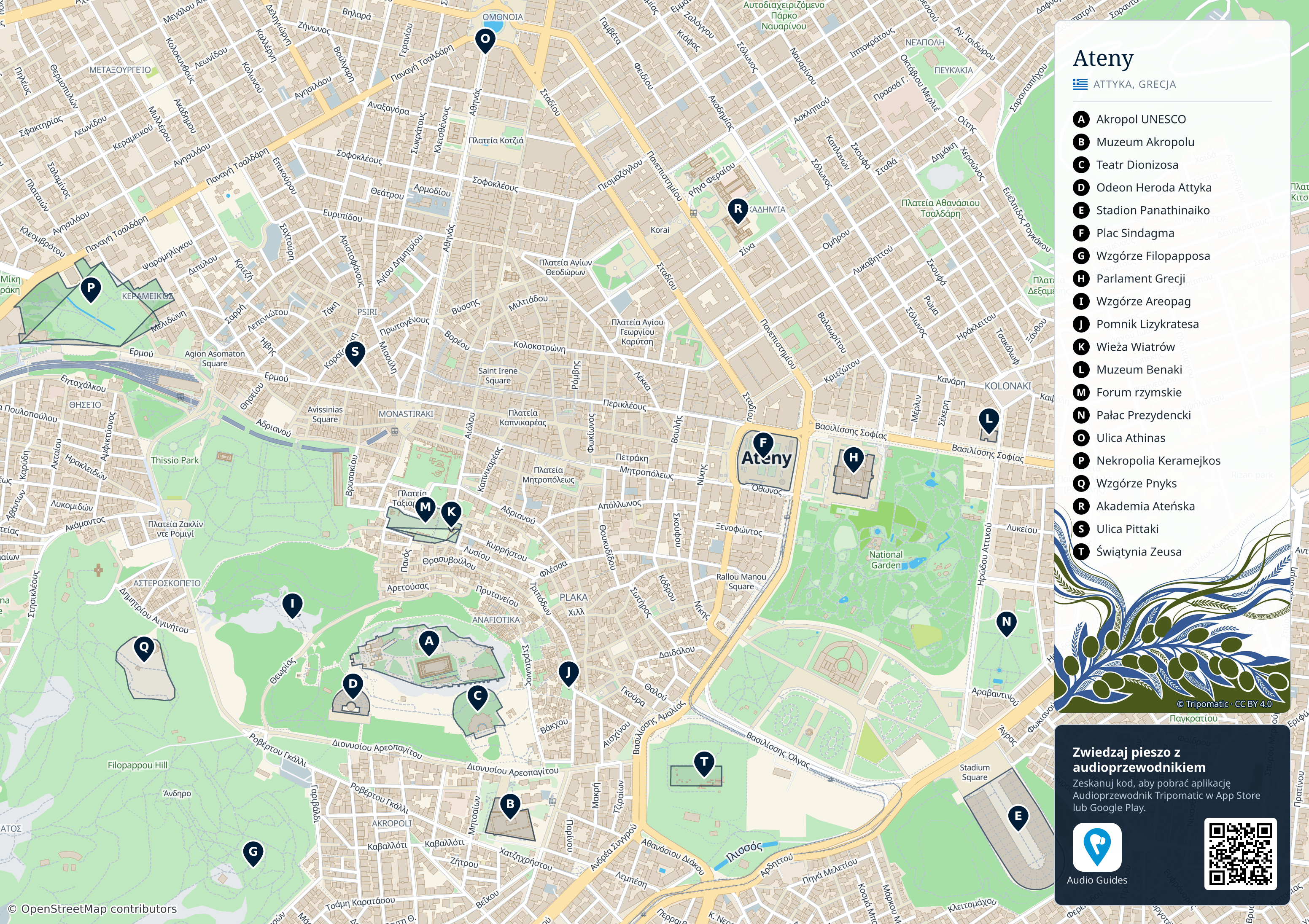 Ateny – turystyczna mapa do druku z ponumerowanymi atrakcjami