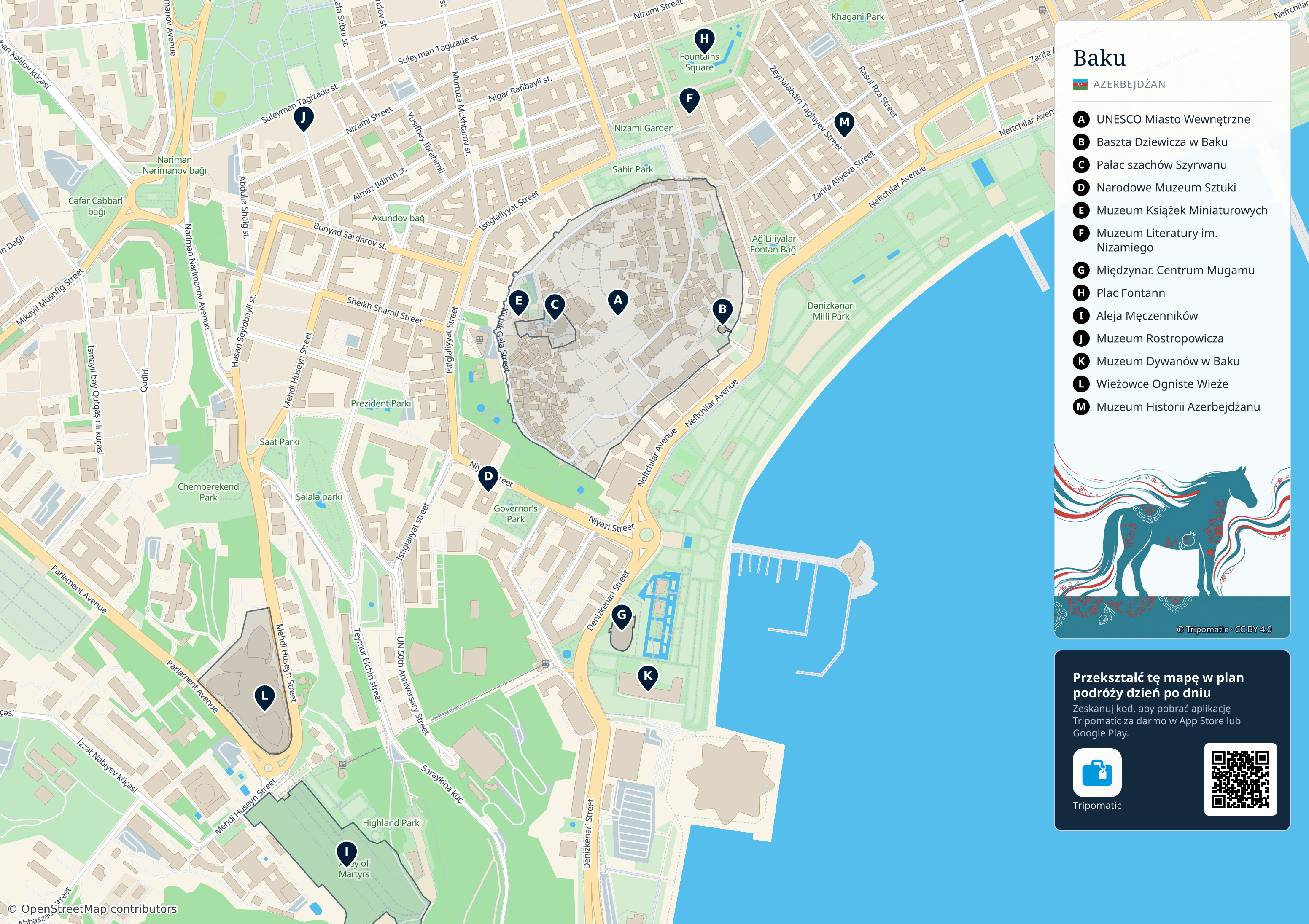 Baku – turystyczna mapa do druku z ponumerowanymi atrakcjami