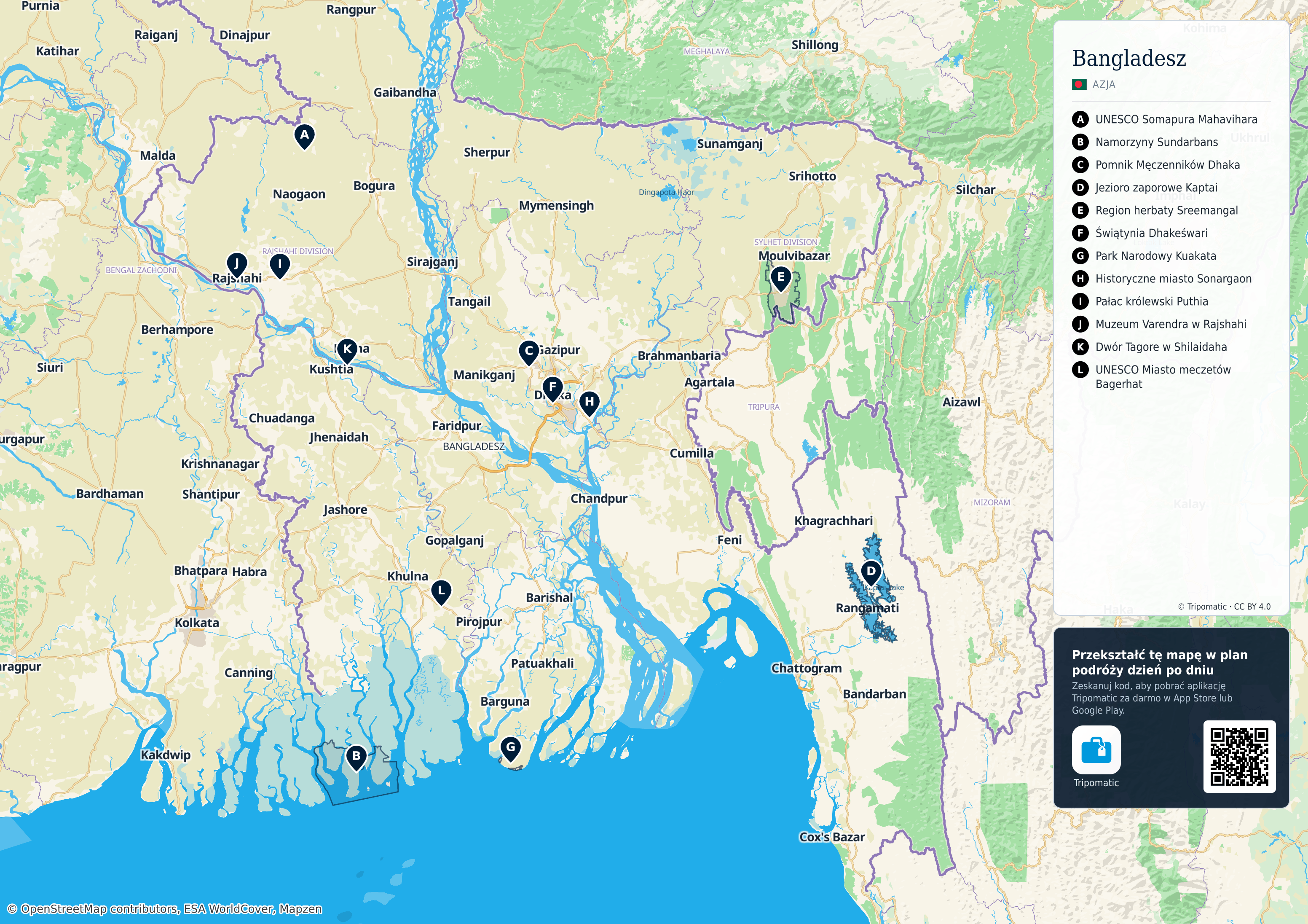 Bangladesz – turystyczna mapa do druku z ponumerowanymi atrakcjami