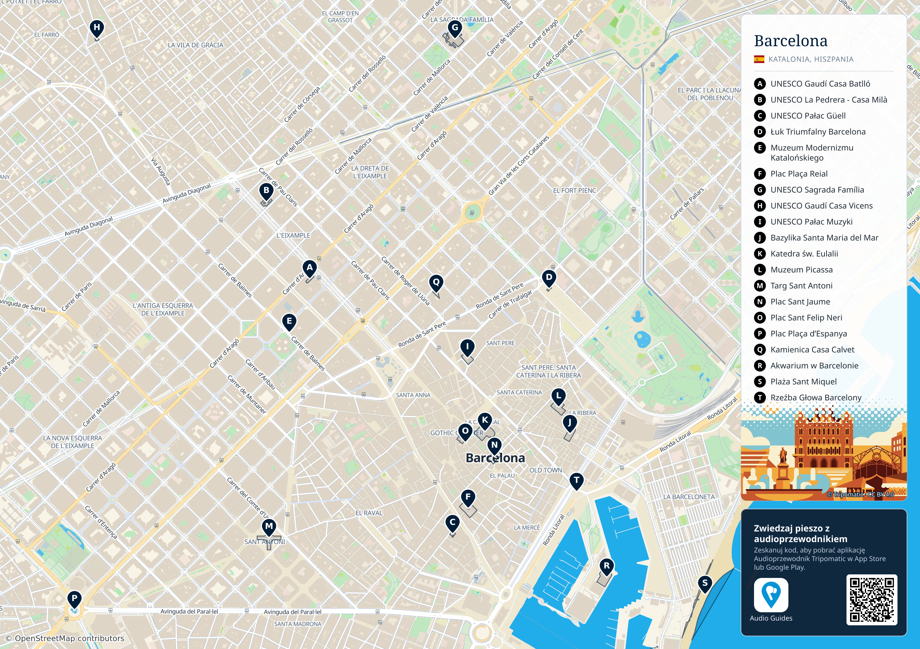 Barcelona – turystyczna mapa do druku z ponumerowanymi atrakcjami