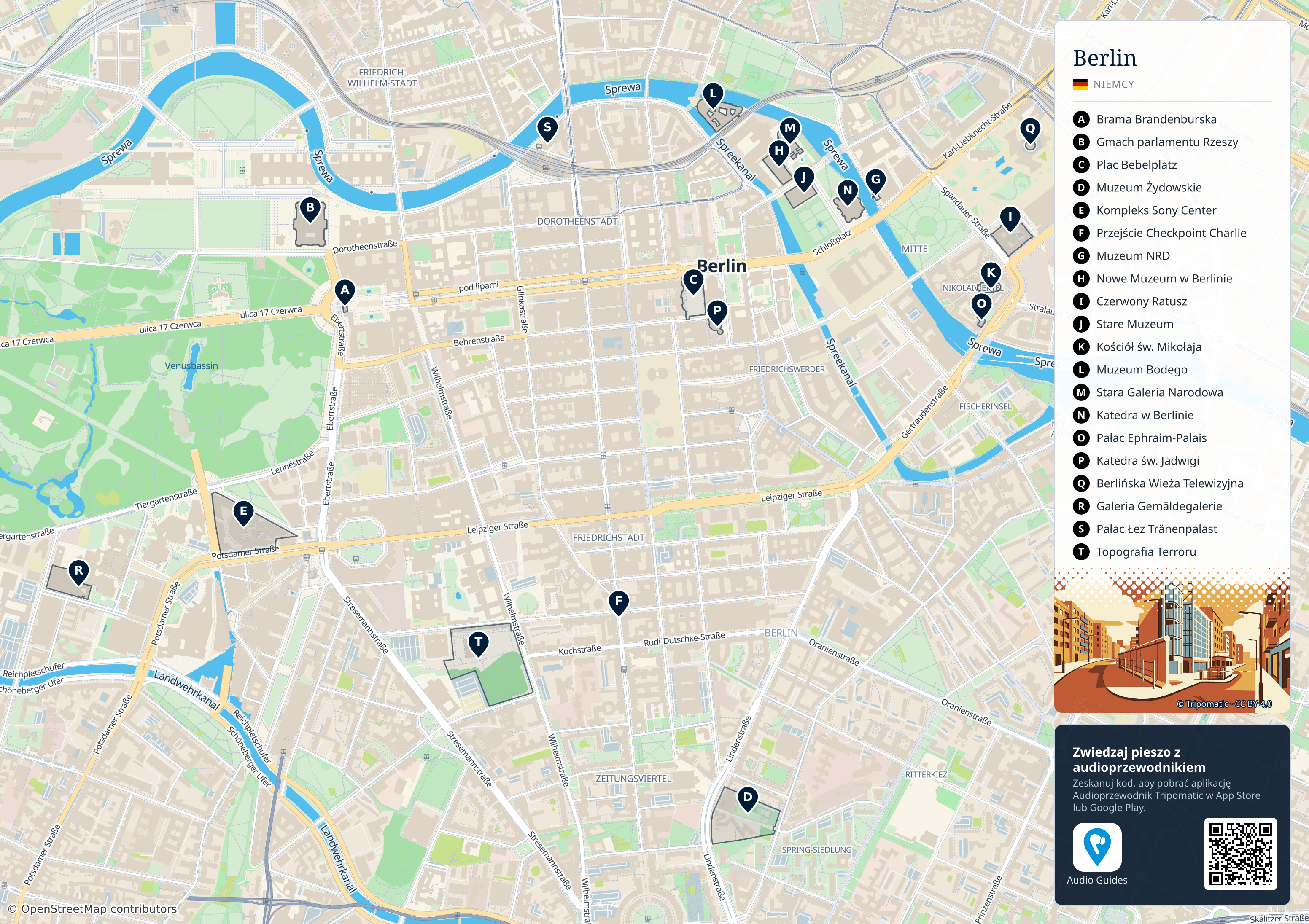 Berlin – turystyczna mapa do druku z ponumerowanymi atrakcjami