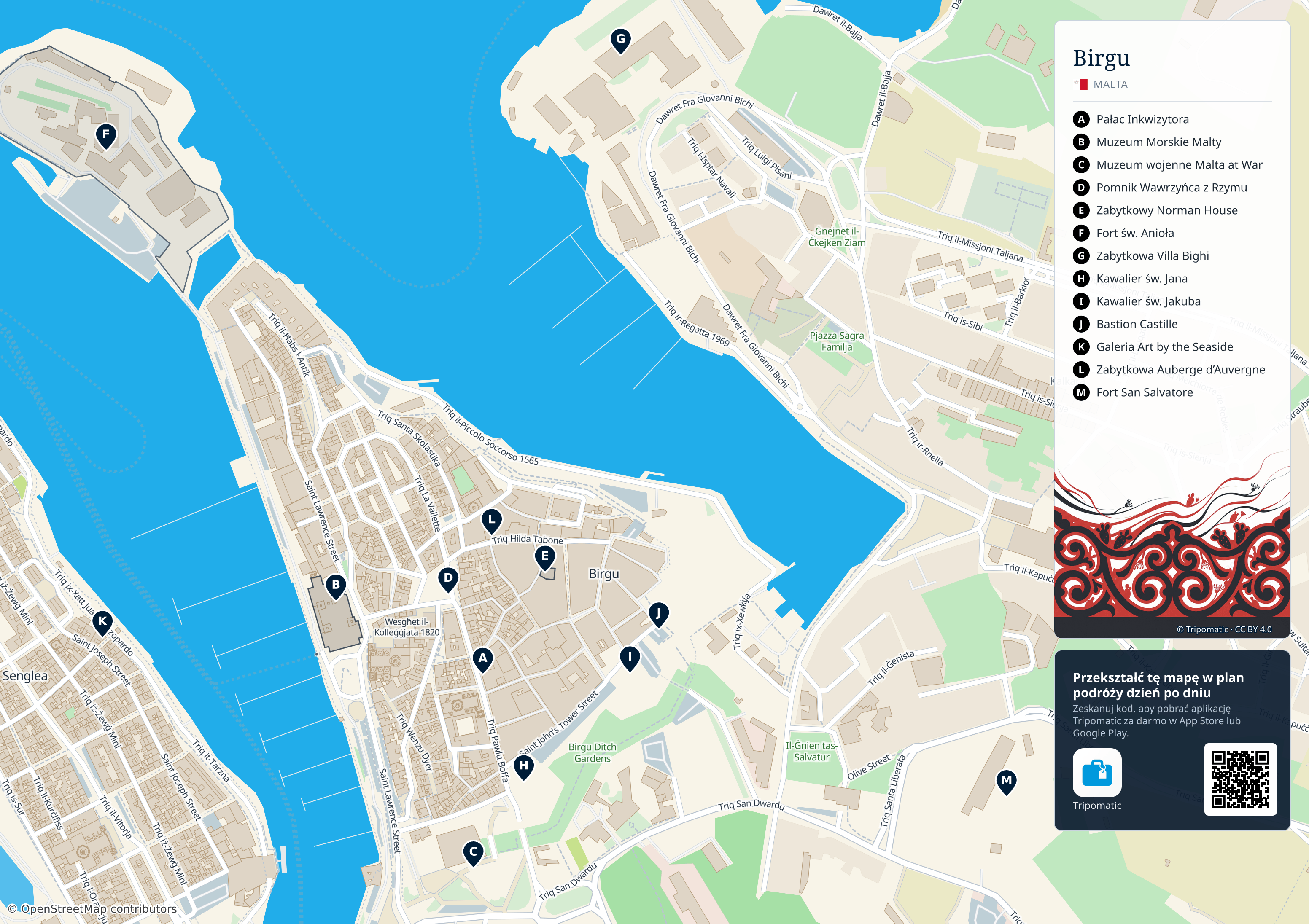 Birgu – turystyczna mapa do druku z ponumerowanymi atrakcjami
