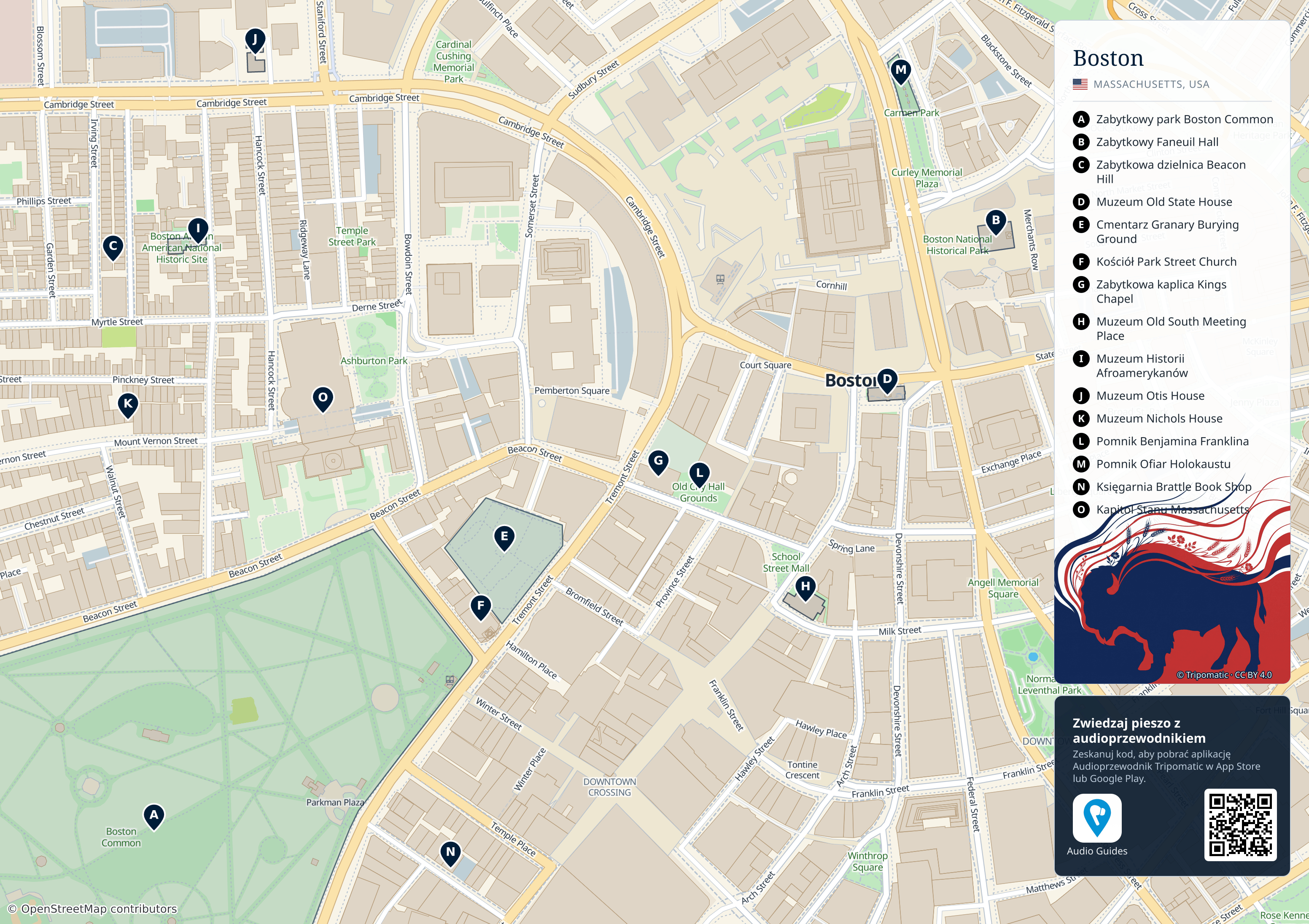 Boston – turystyczna mapa do druku z ponumerowanymi atrakcjami