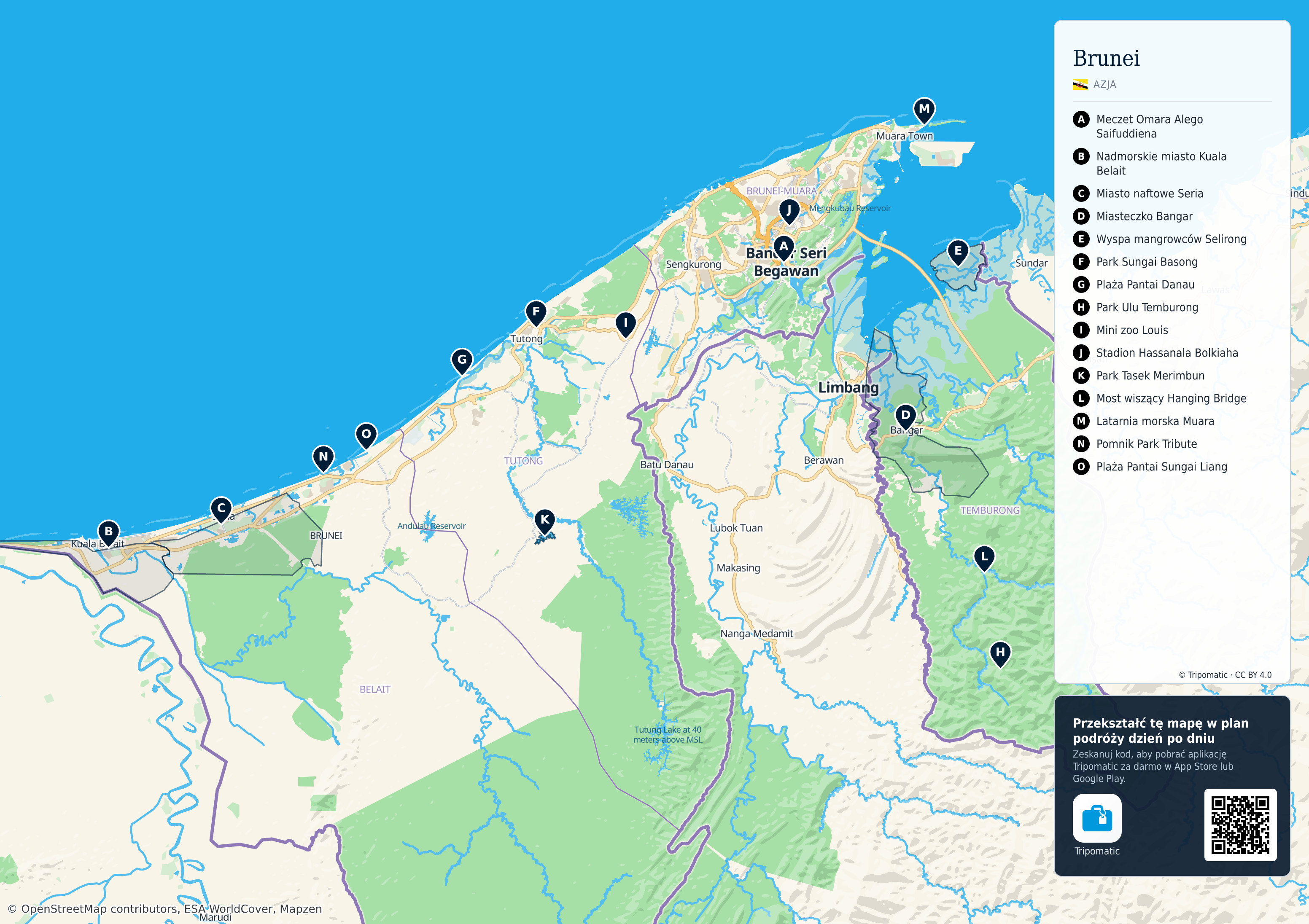 Brunei – turystyczna mapa do druku z ponumerowanymi atrakcjami