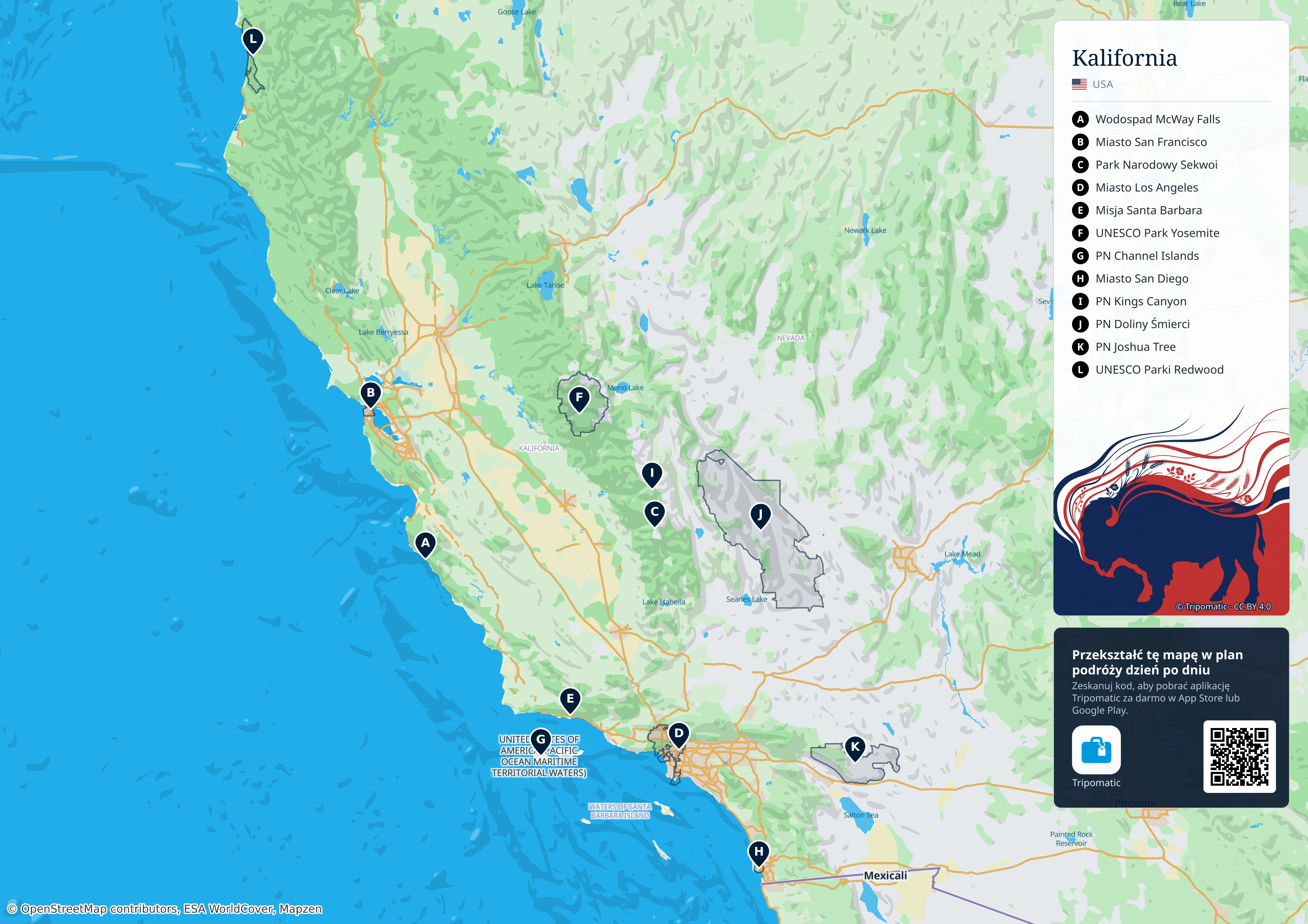 Kalifornia – turystyczna mapa do druku z ponumerowanymi atrakcjami