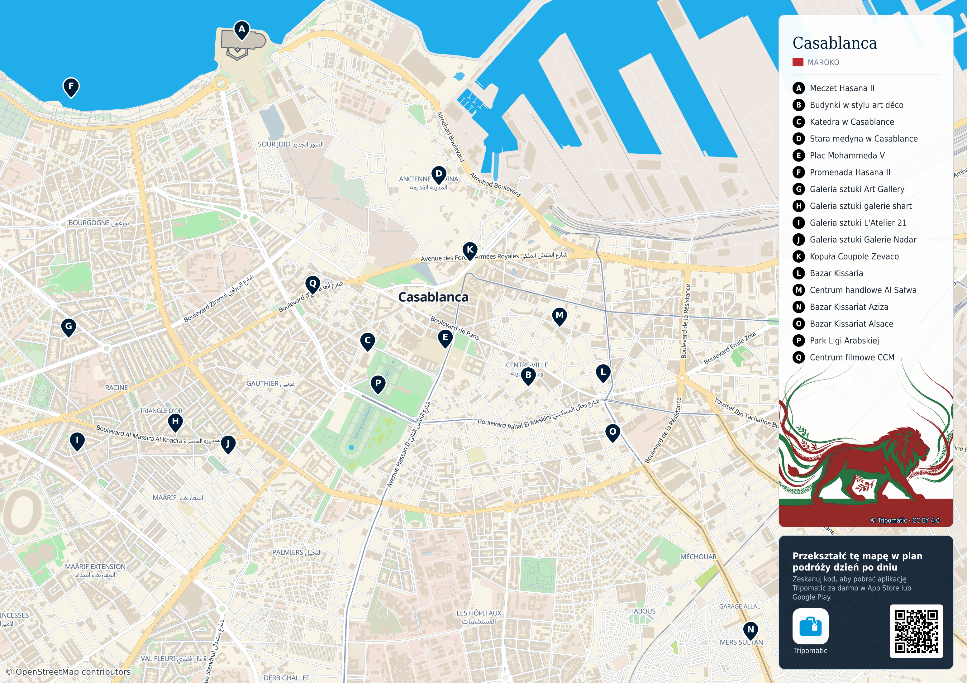 Casablanca – turystyczna mapa do druku z ponumerowanymi atrakcjami