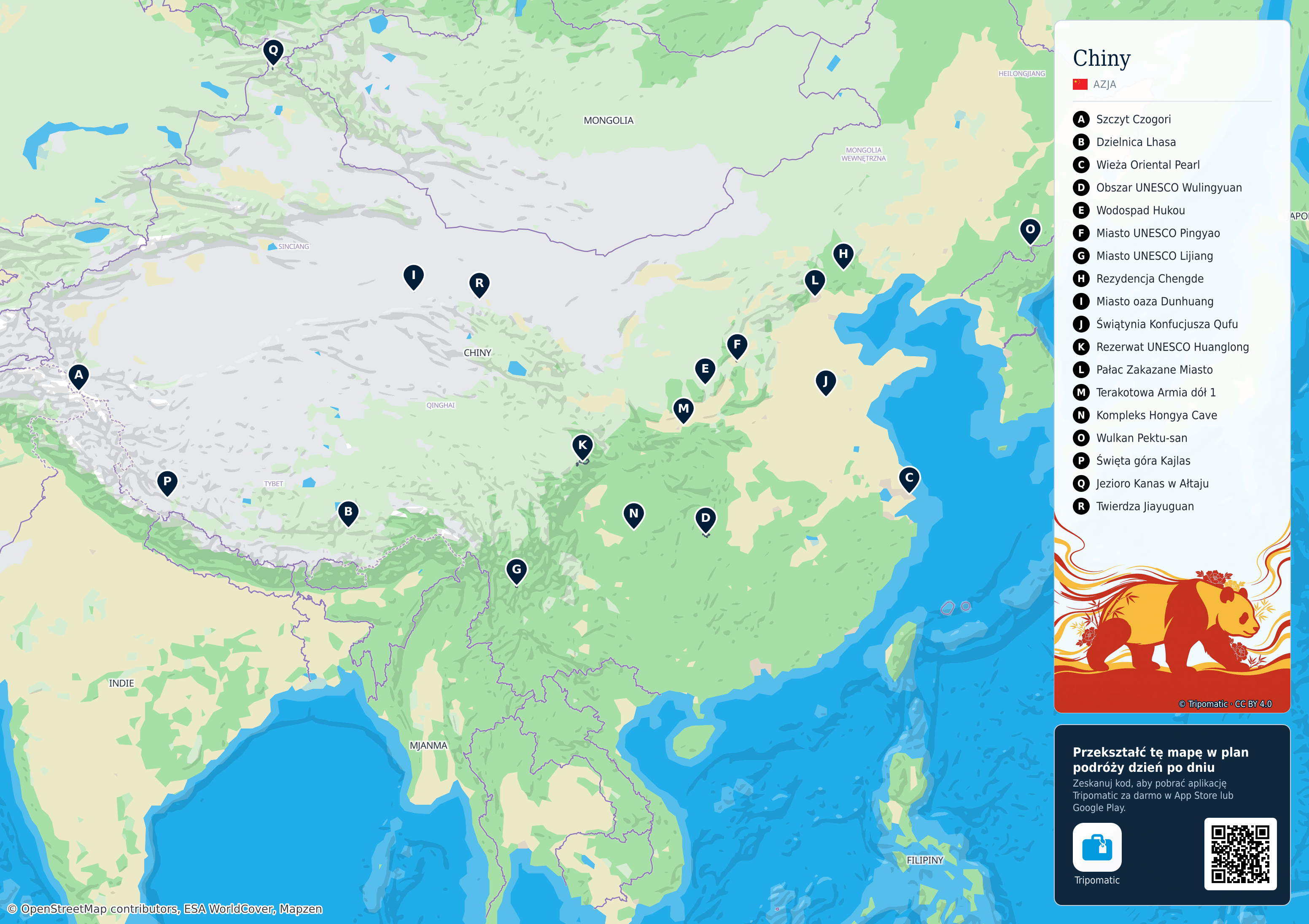 Chiny – turystyczna mapa do druku z ponumerowanymi atrakcjami