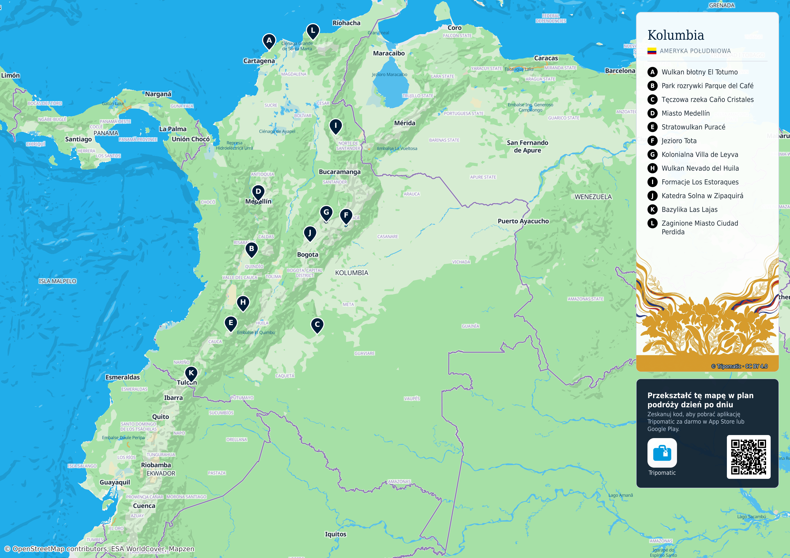 Kolumbia – turystyczna mapa do druku z ponumerowanymi atrakcjami