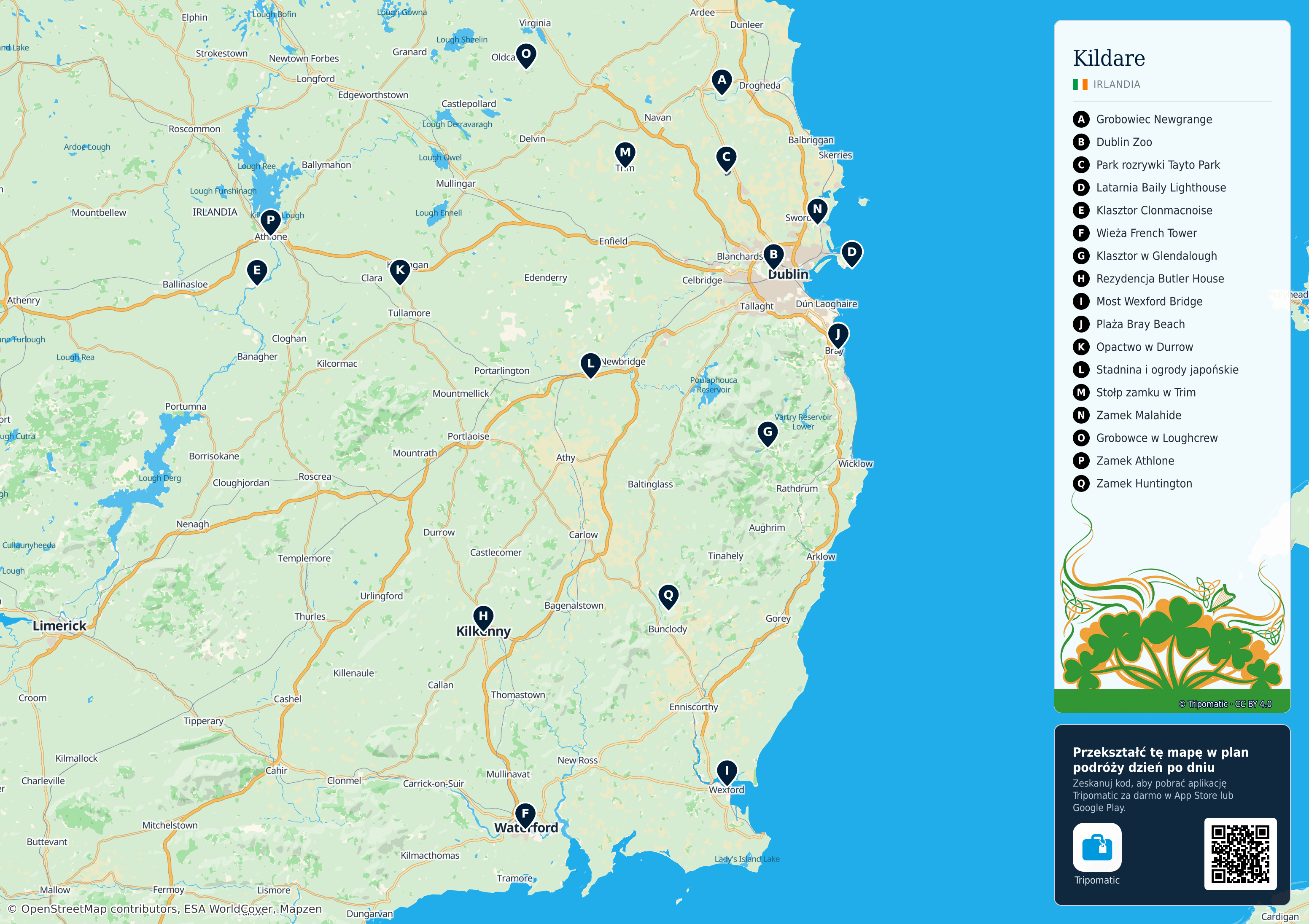 Kildare – turystyczna mapa do druku z ponumerowanymi atrakcjami