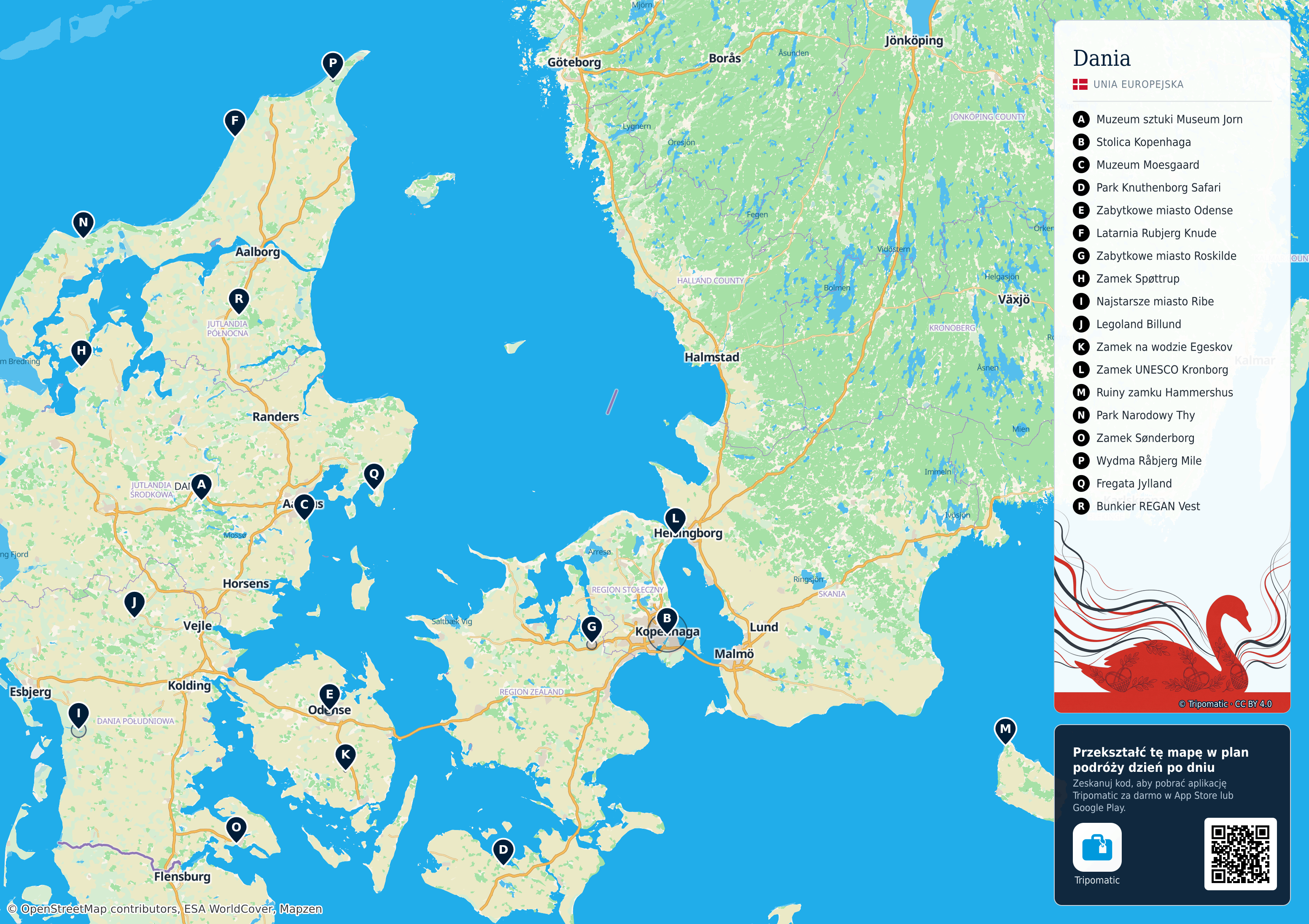 Dania – turystyczna mapa do druku z ponumerowanymi atrakcjami