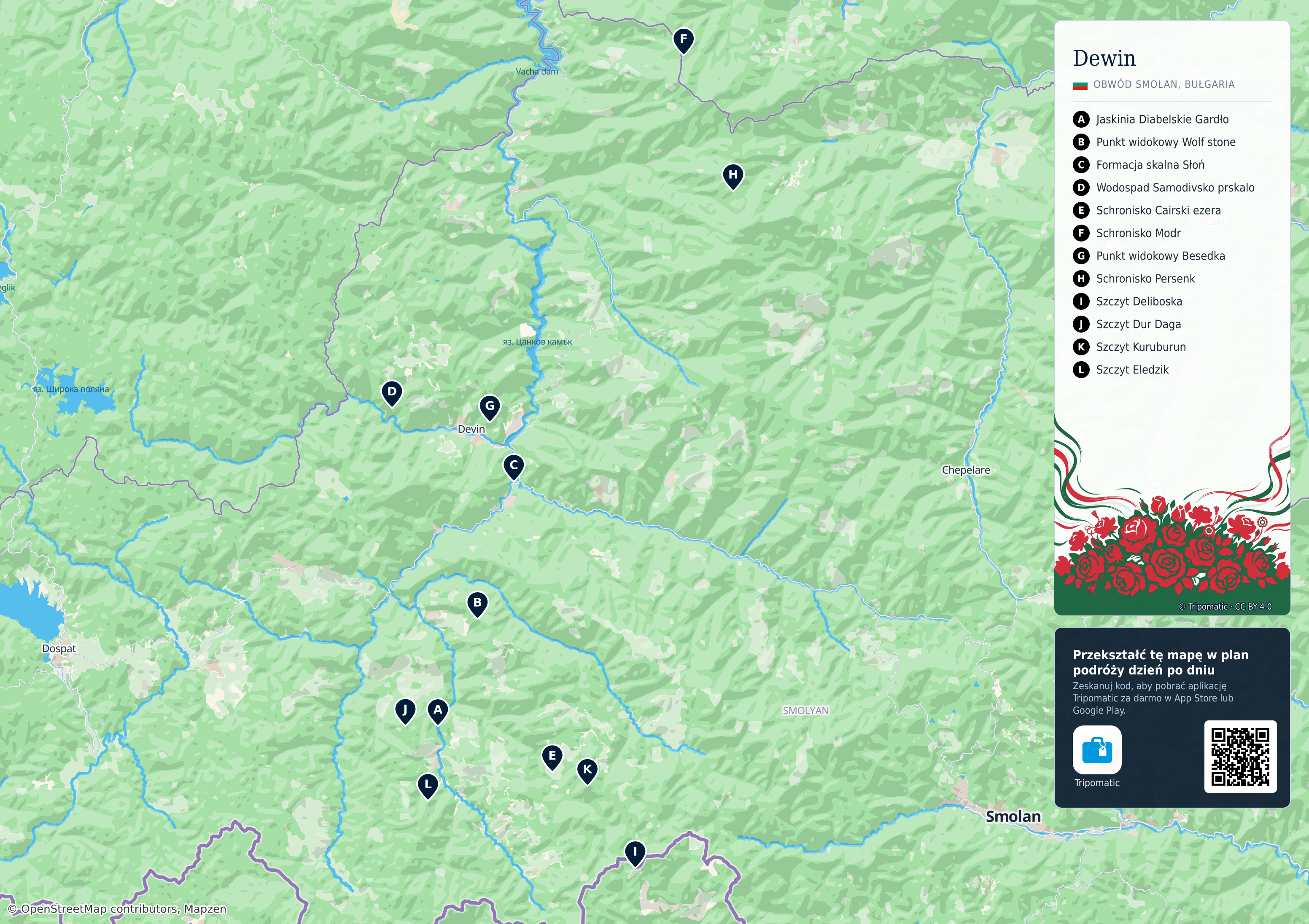 Dewin – turystyczna mapa do druku z ponumerowanymi atrakcjami