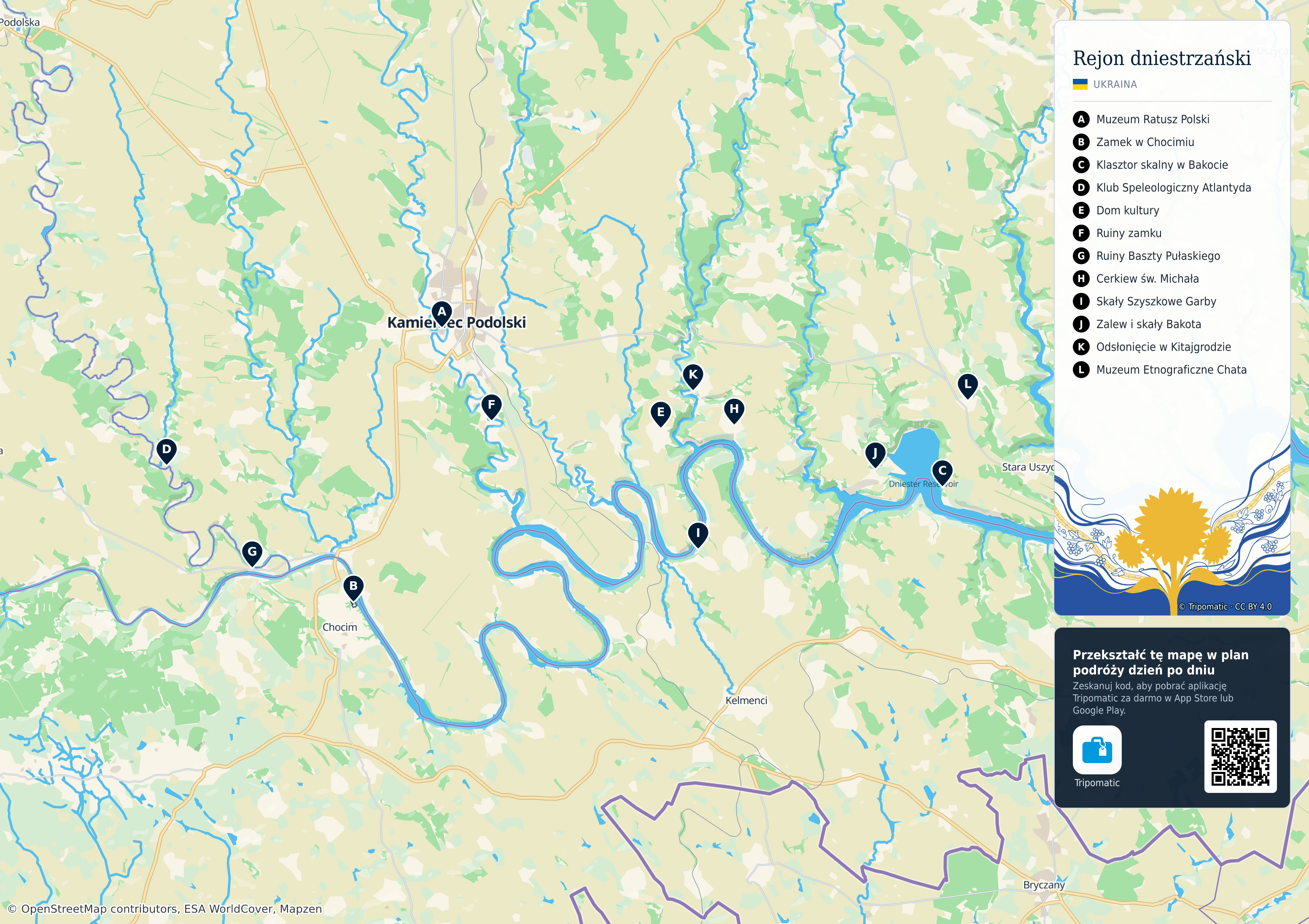 Rejon dniestrzański – turystyczna mapa do druku z ponumerowanymi atrakcjami