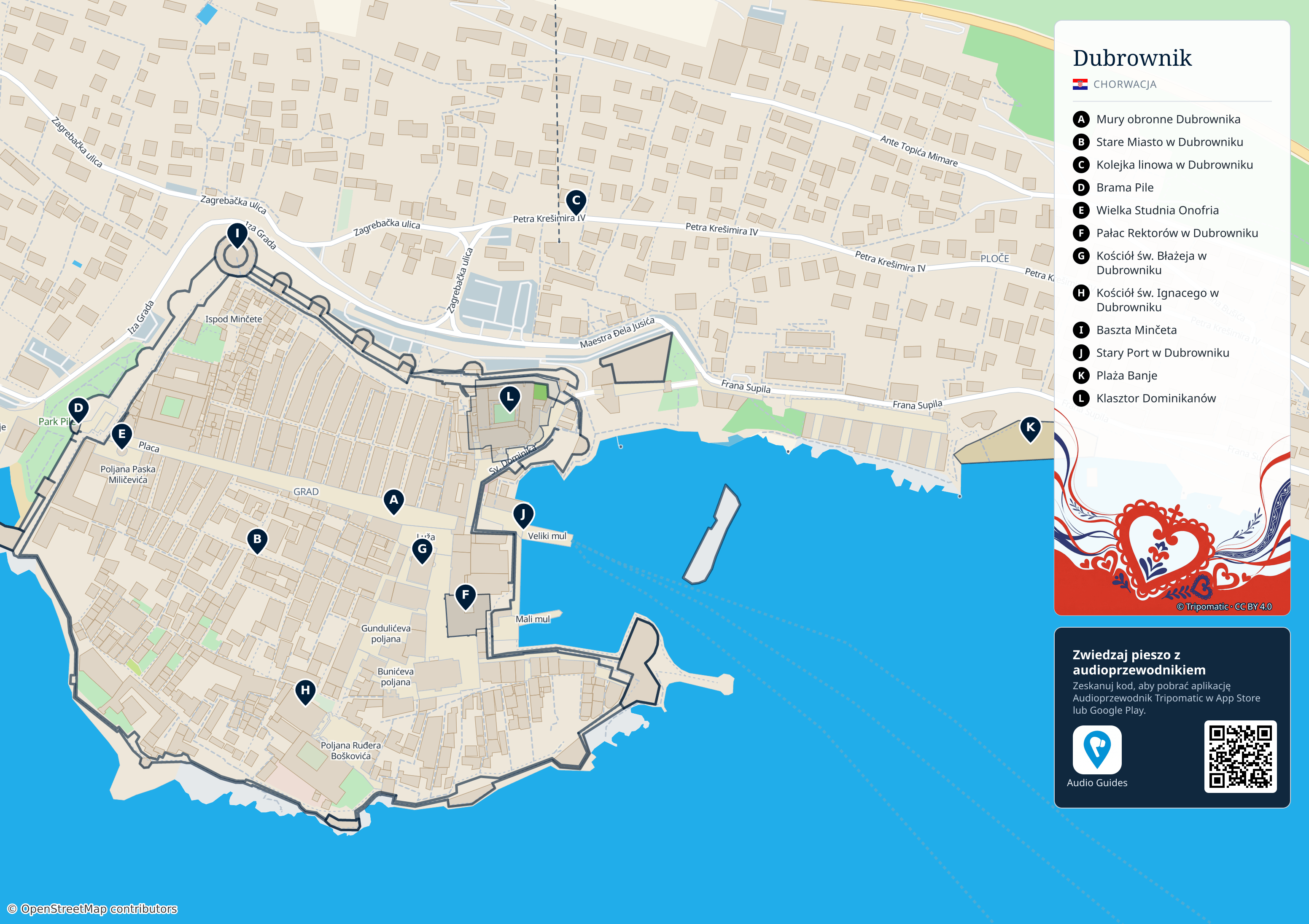 Dubrownik – turystyczna mapa do druku z ponumerowanymi atrakcjami