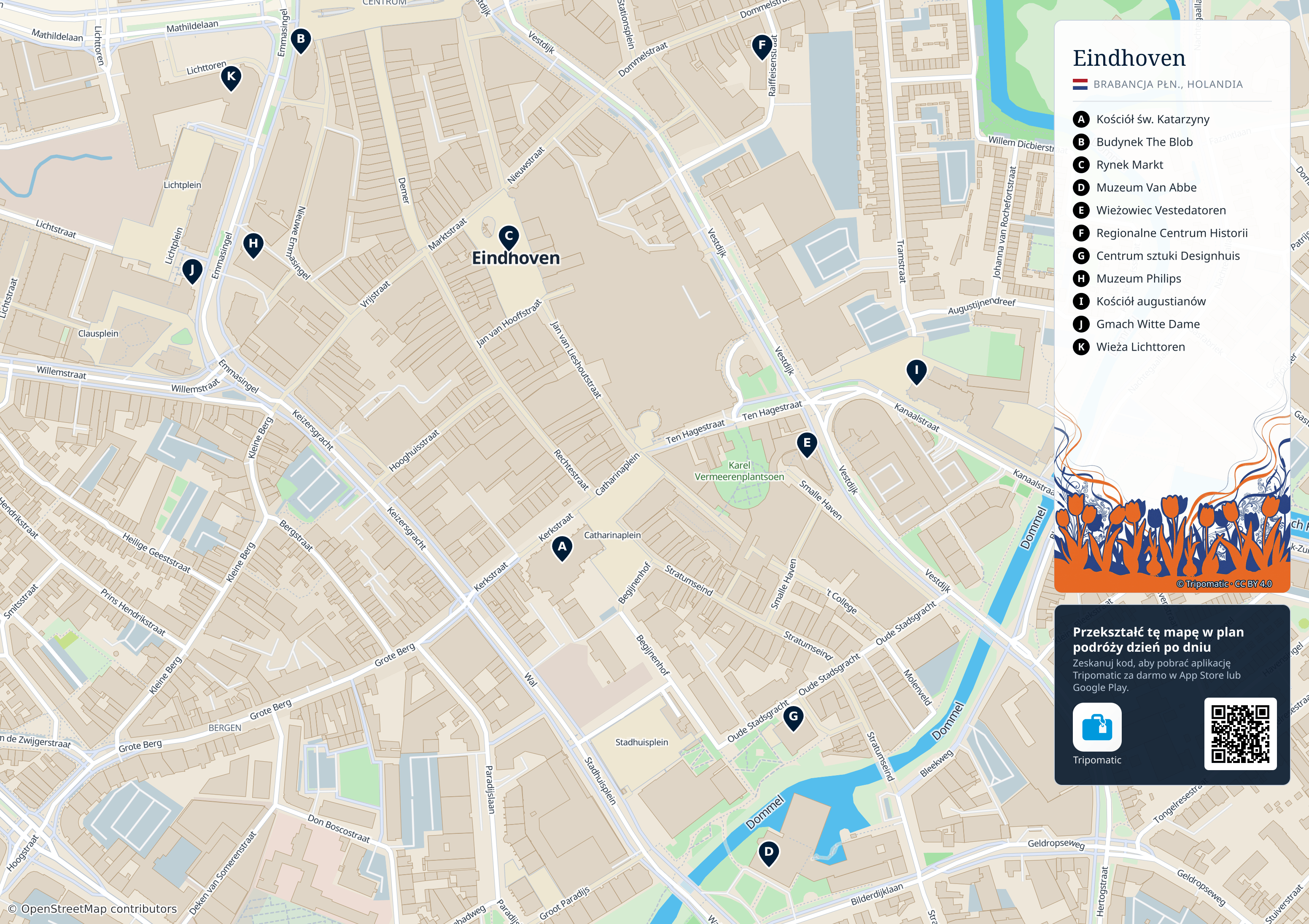 Eindhoven – turystyczna mapa do druku z ponumerowanymi atrakcjami