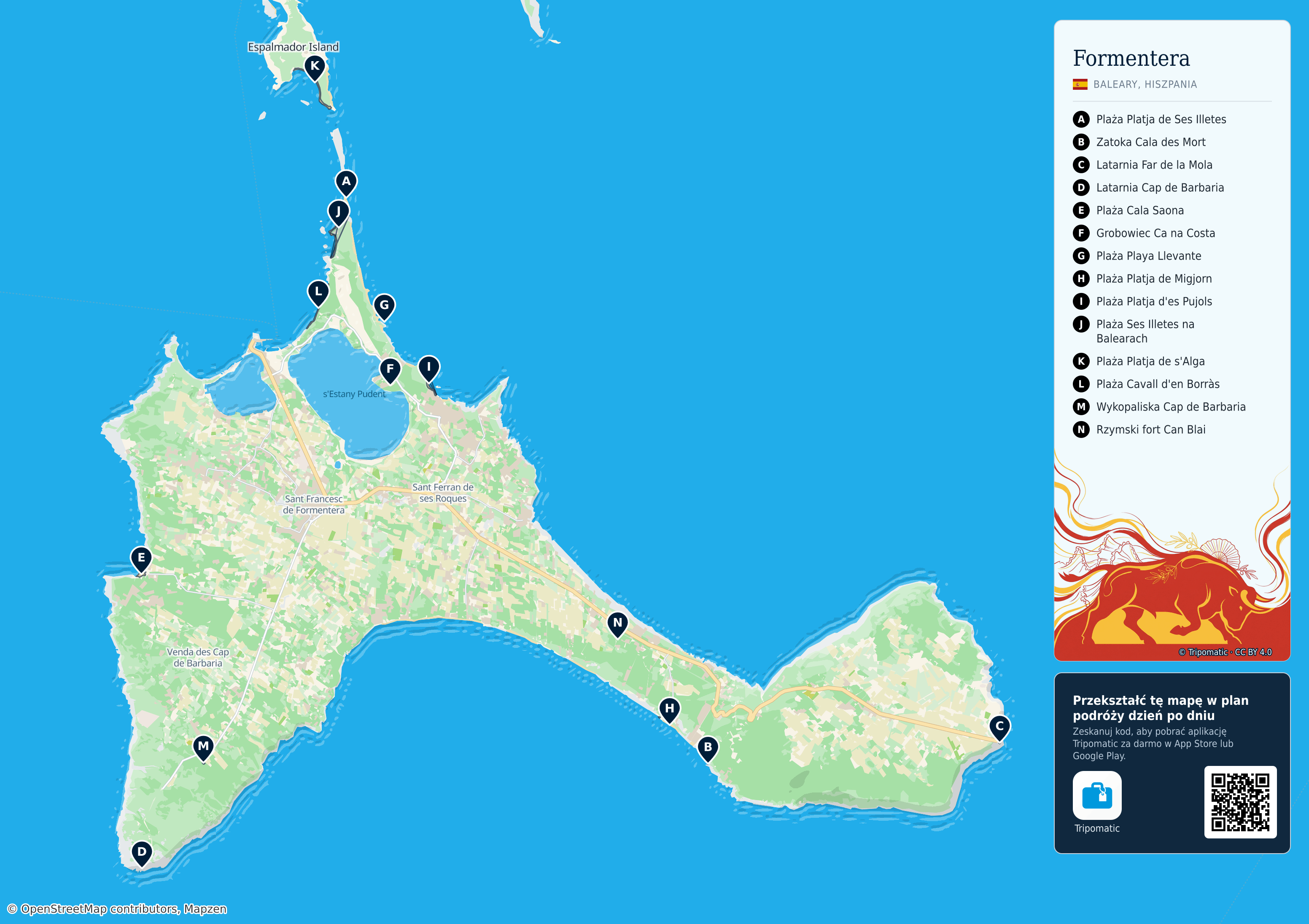Formentera – turystyczna mapa do druku z ponumerowanymi atrakcjami