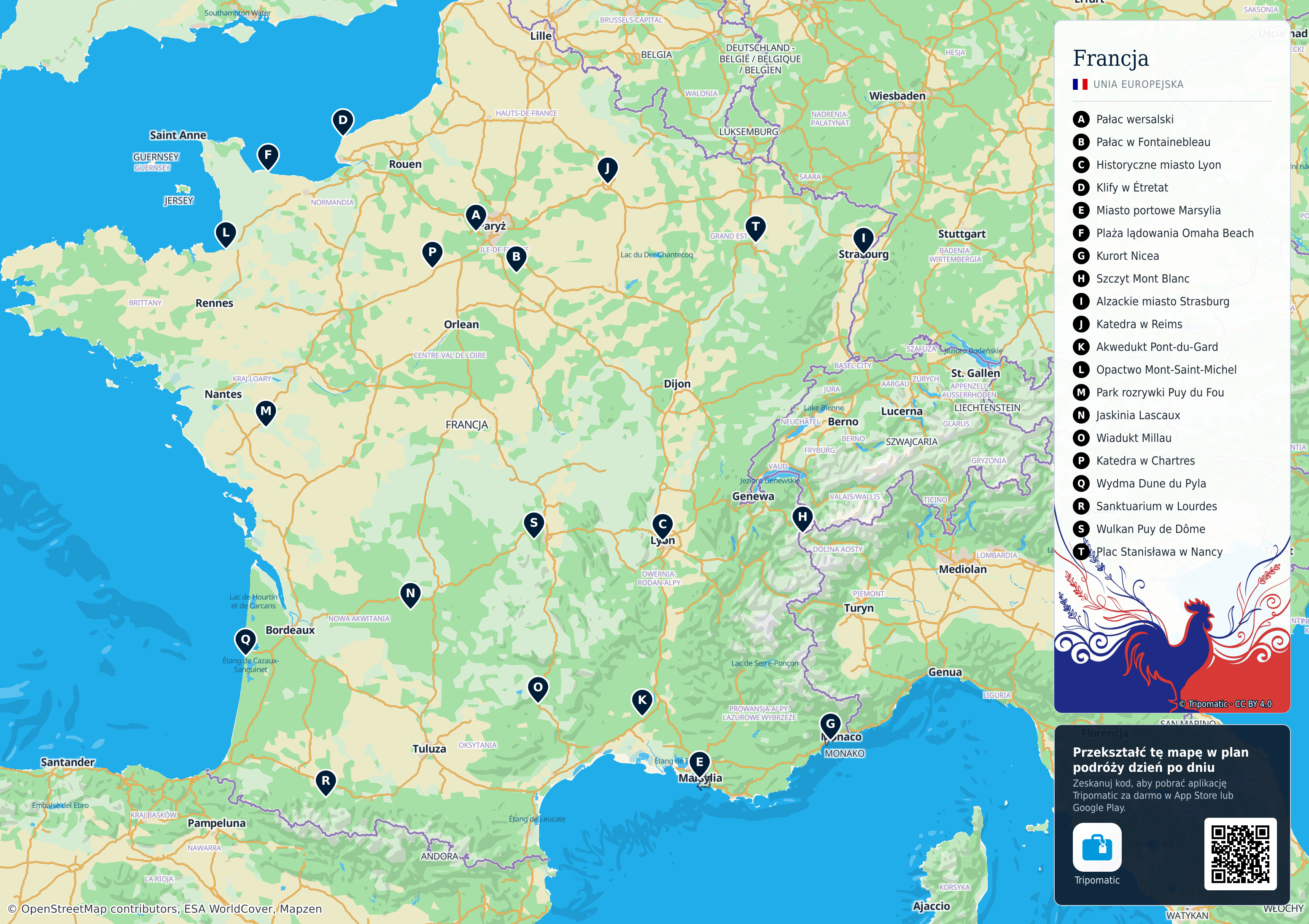 Francja – turystyczna mapa do druku z ponumerowanymi atrakcjami
