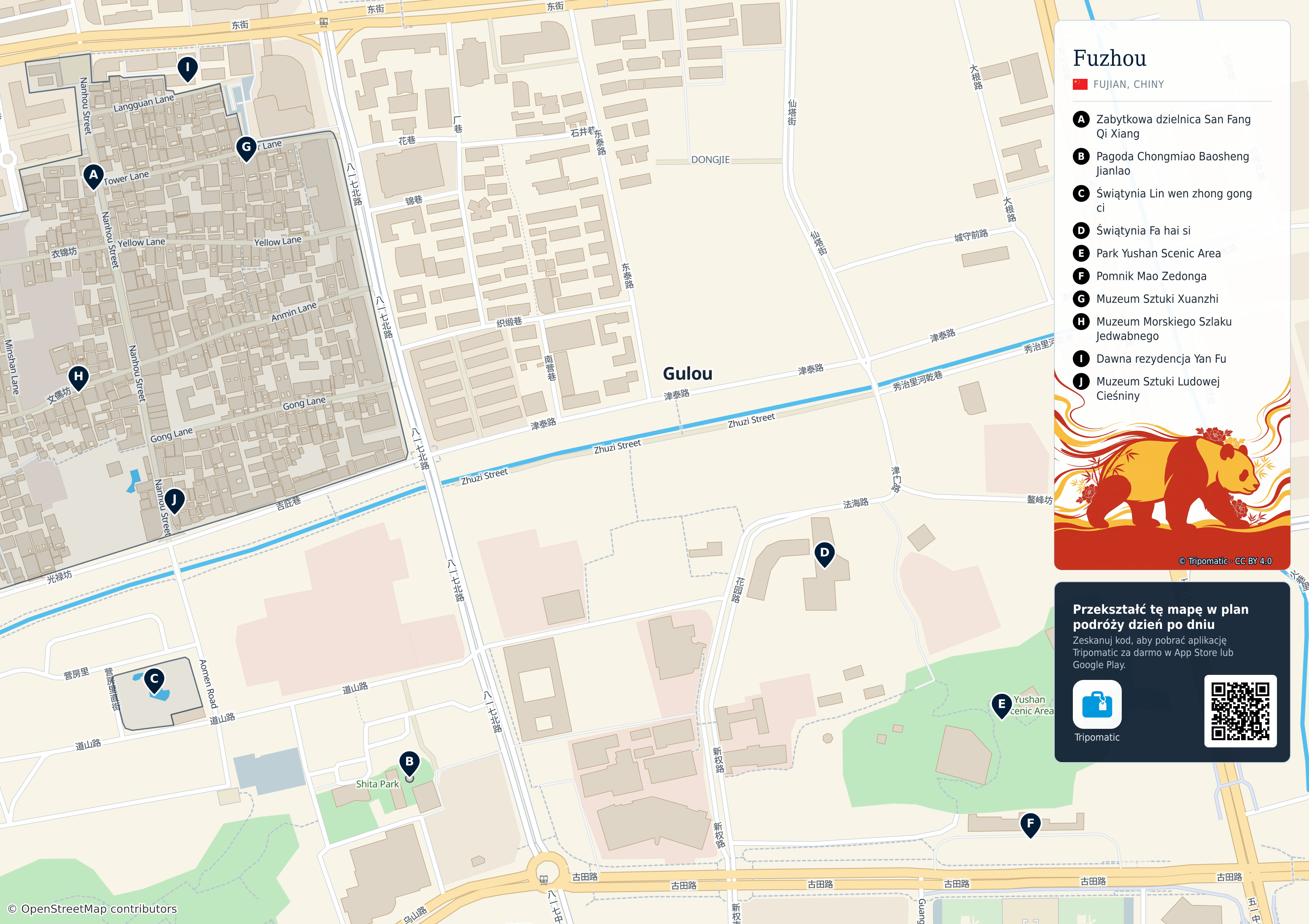 Fuzhou – turystyczna mapa do druku z ponumerowanymi atrakcjami