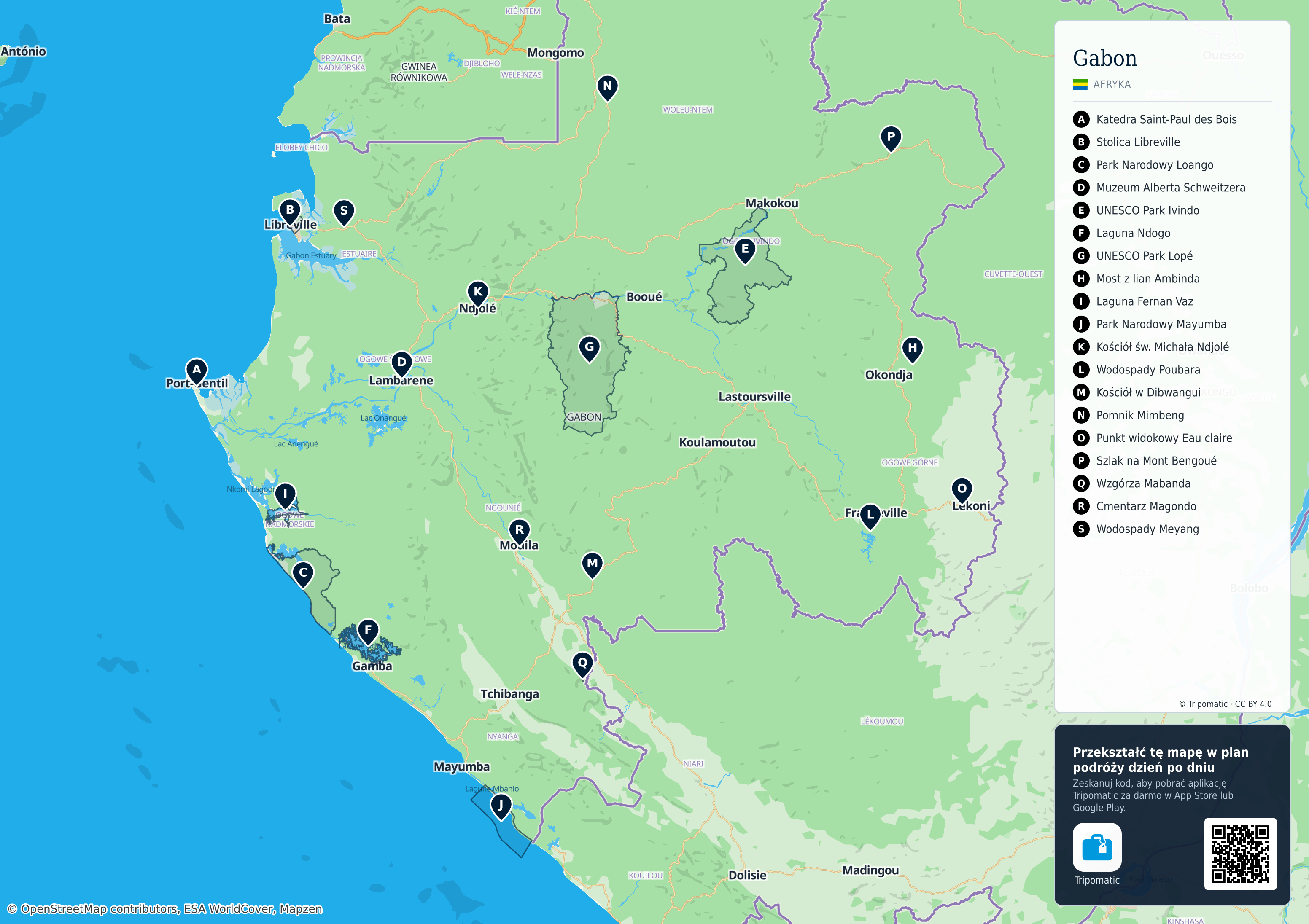 Gabon – turystyczna mapa do druku z ponumerowanymi atrakcjami