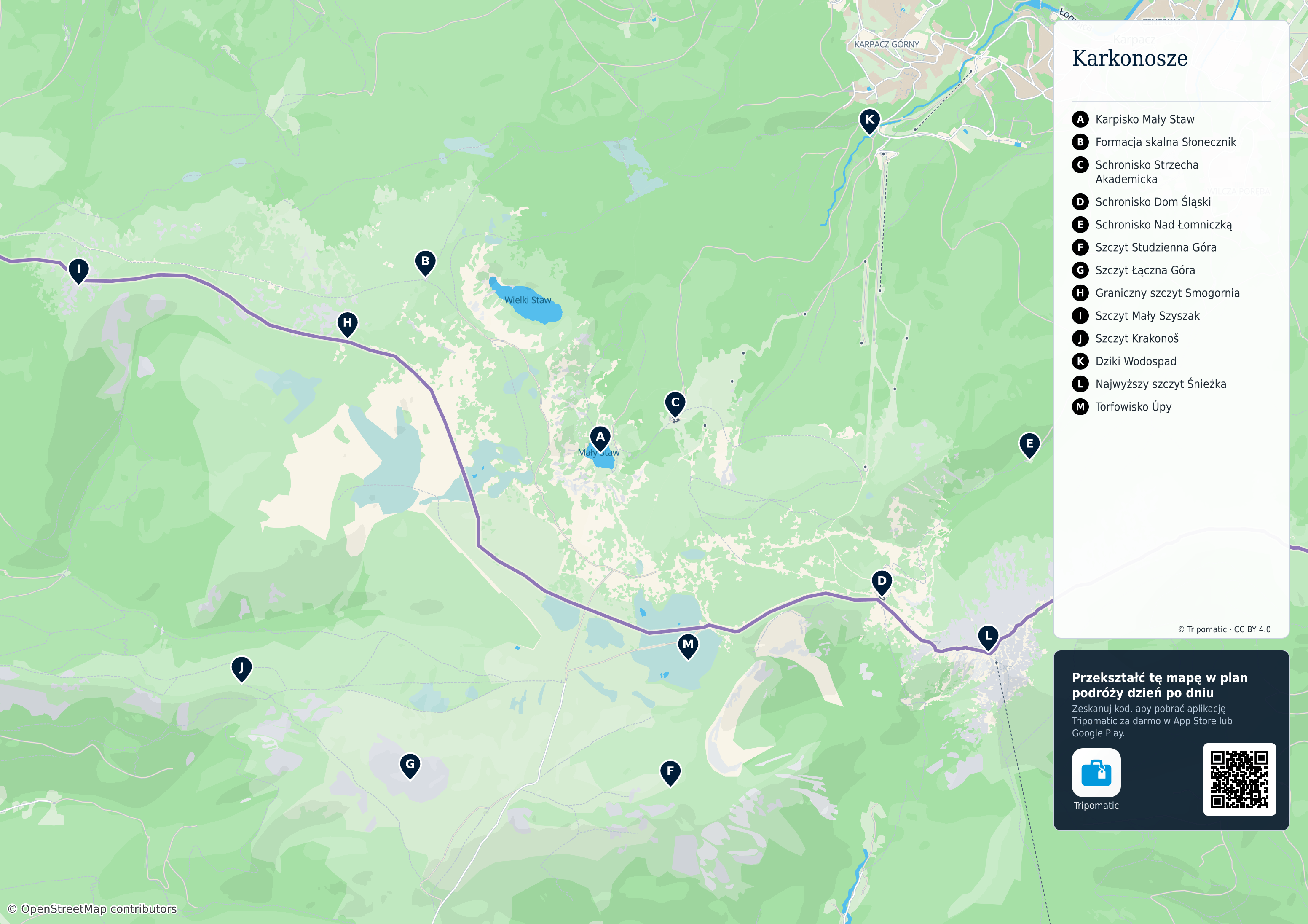 Karkonosze – turystyczna mapa do druku z ponumerowanymi atrakcjami
