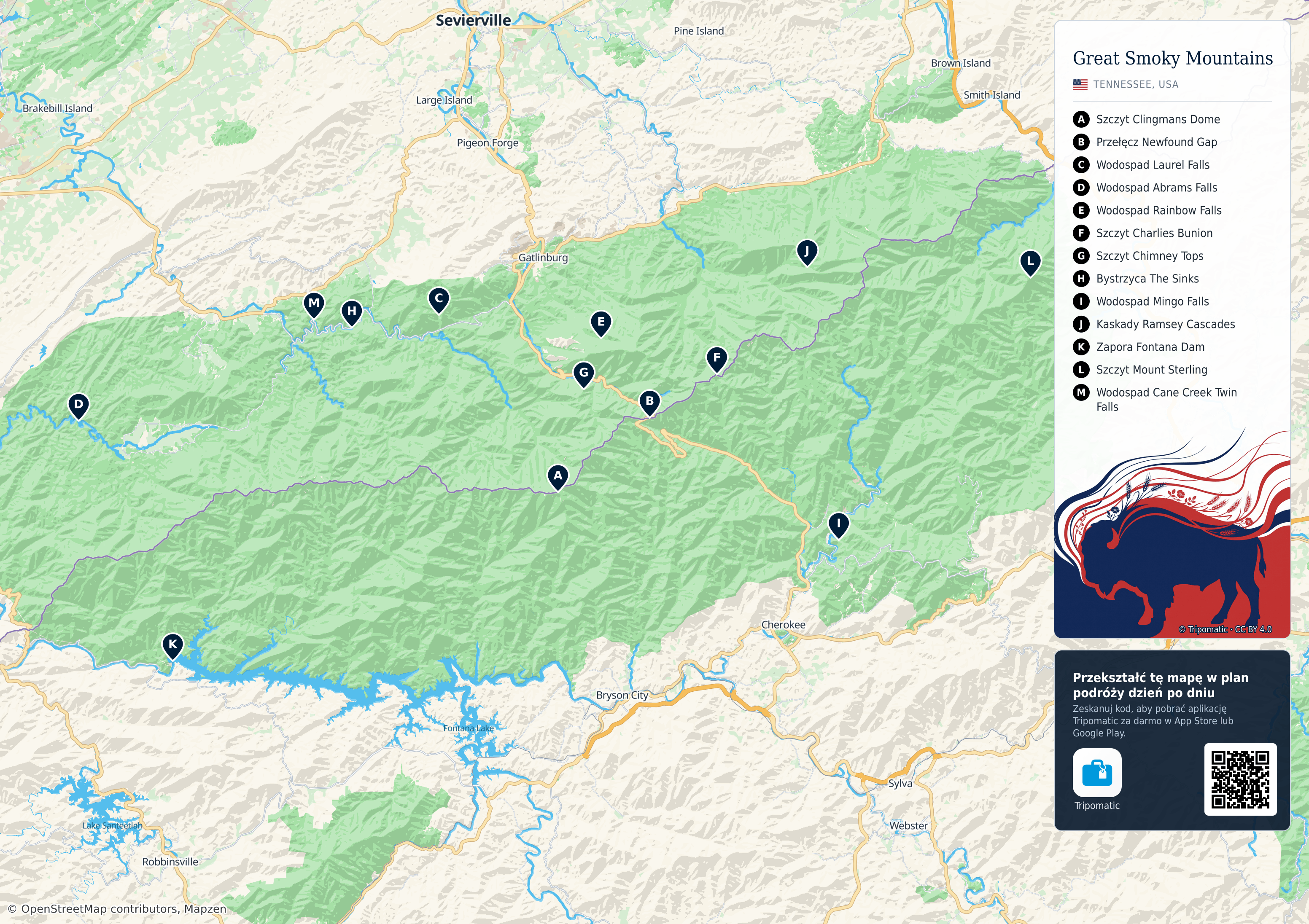 Park Narodowy Great Smoky Mountains – turystyczna mapa do druku z ponumerowanymi atrakcjami