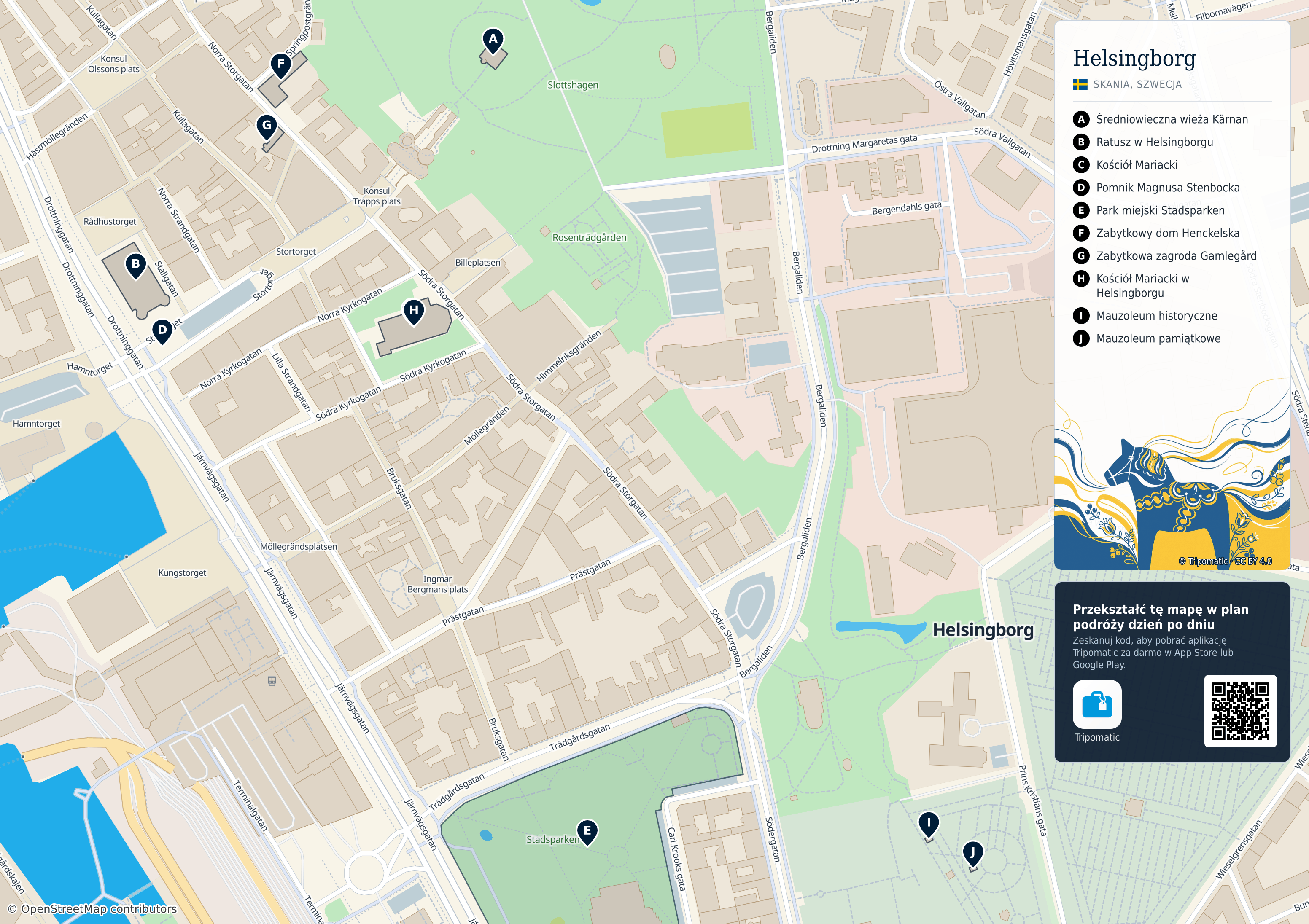 Helsingborg – turystyczna mapa do druku z ponumerowanymi atrakcjami