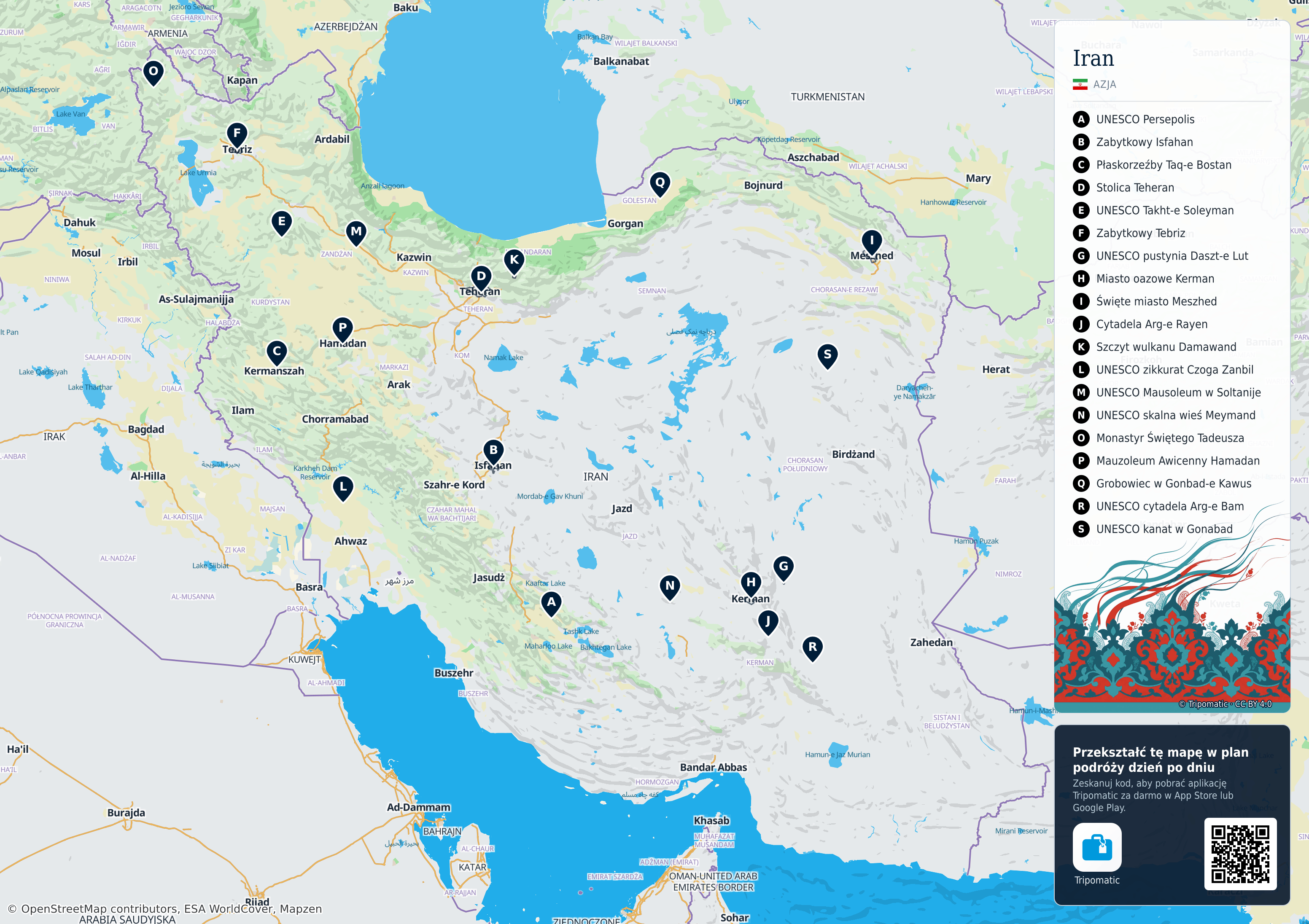 Iran – turystyczna mapa do druku z ponumerowanymi atrakcjami