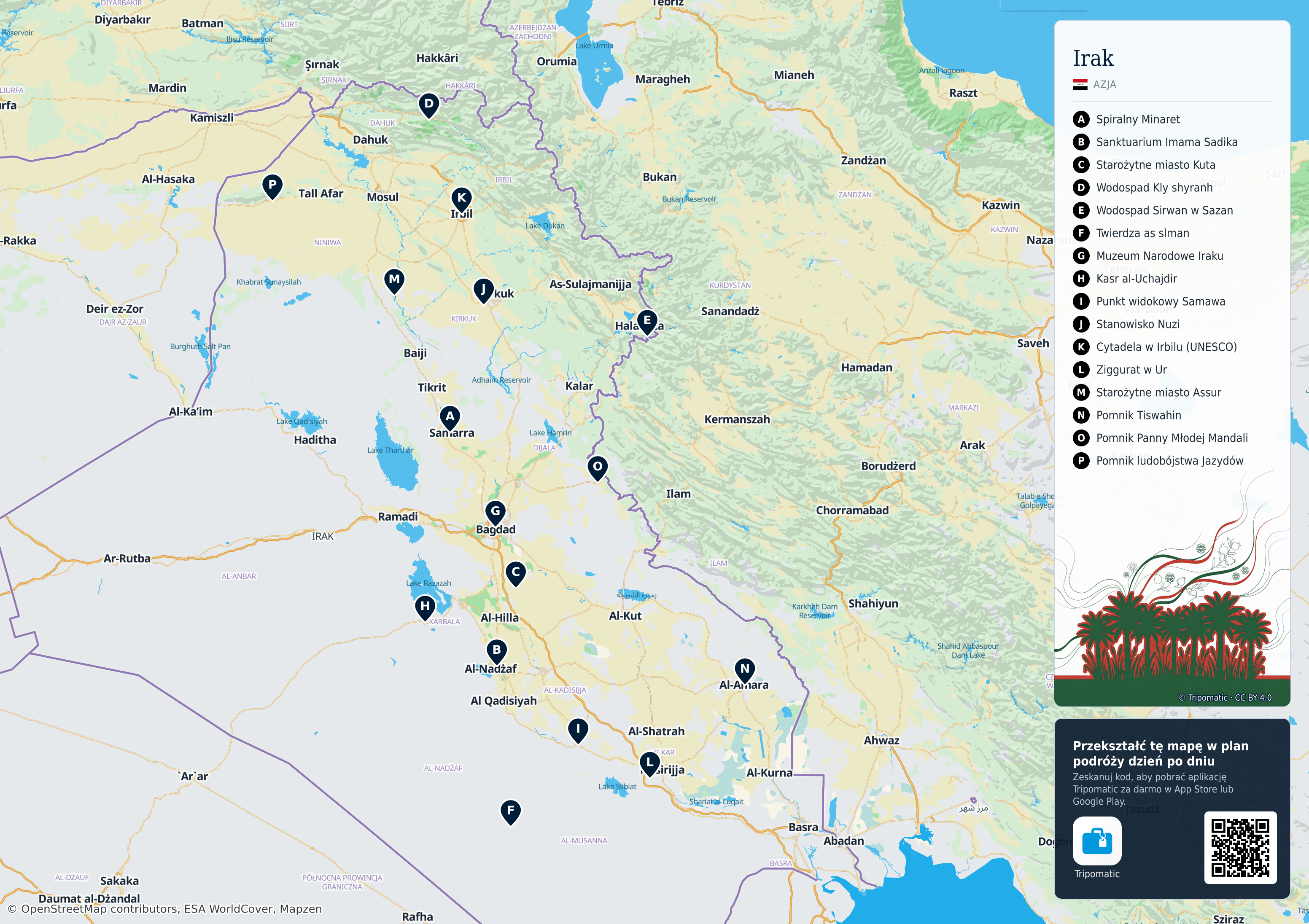 Irak – turystyczna mapa do druku z ponumerowanymi atrakcjami