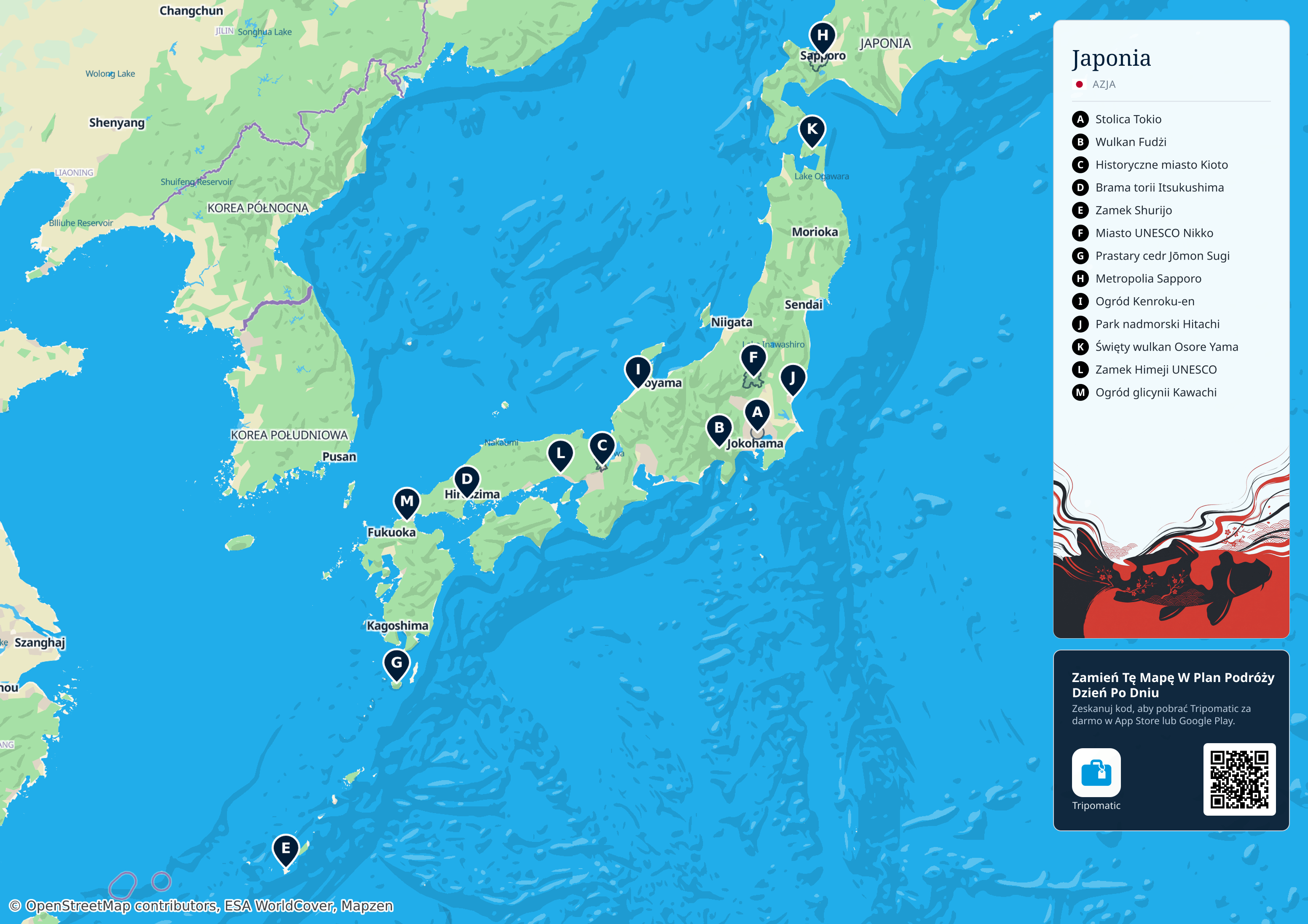 Japonia – turystyczna mapa do druku z ponumerowanymi atrakcjami