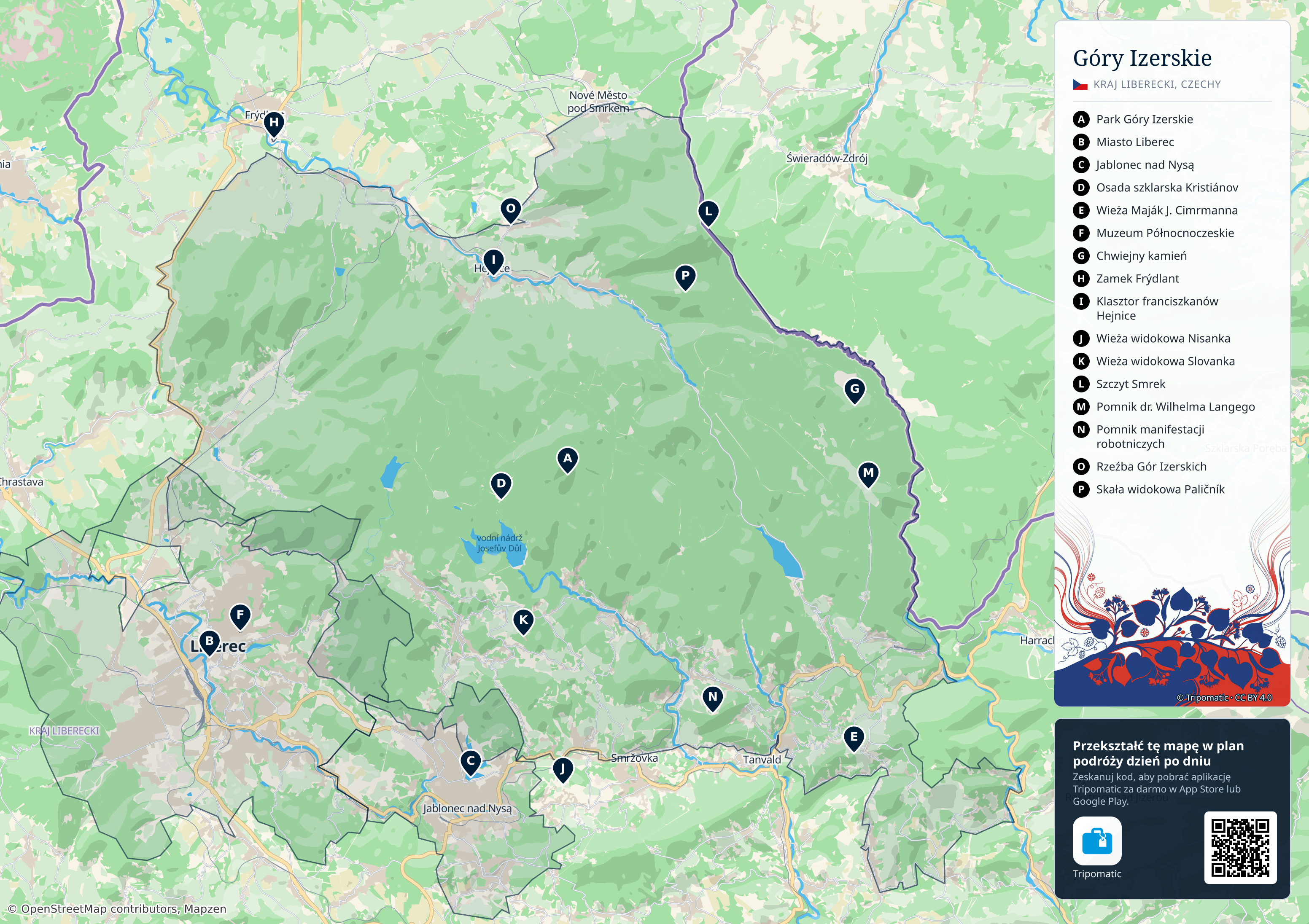 Góry Izerskie – turystyczna mapa do druku z ponumerowanymi atrakcjami
