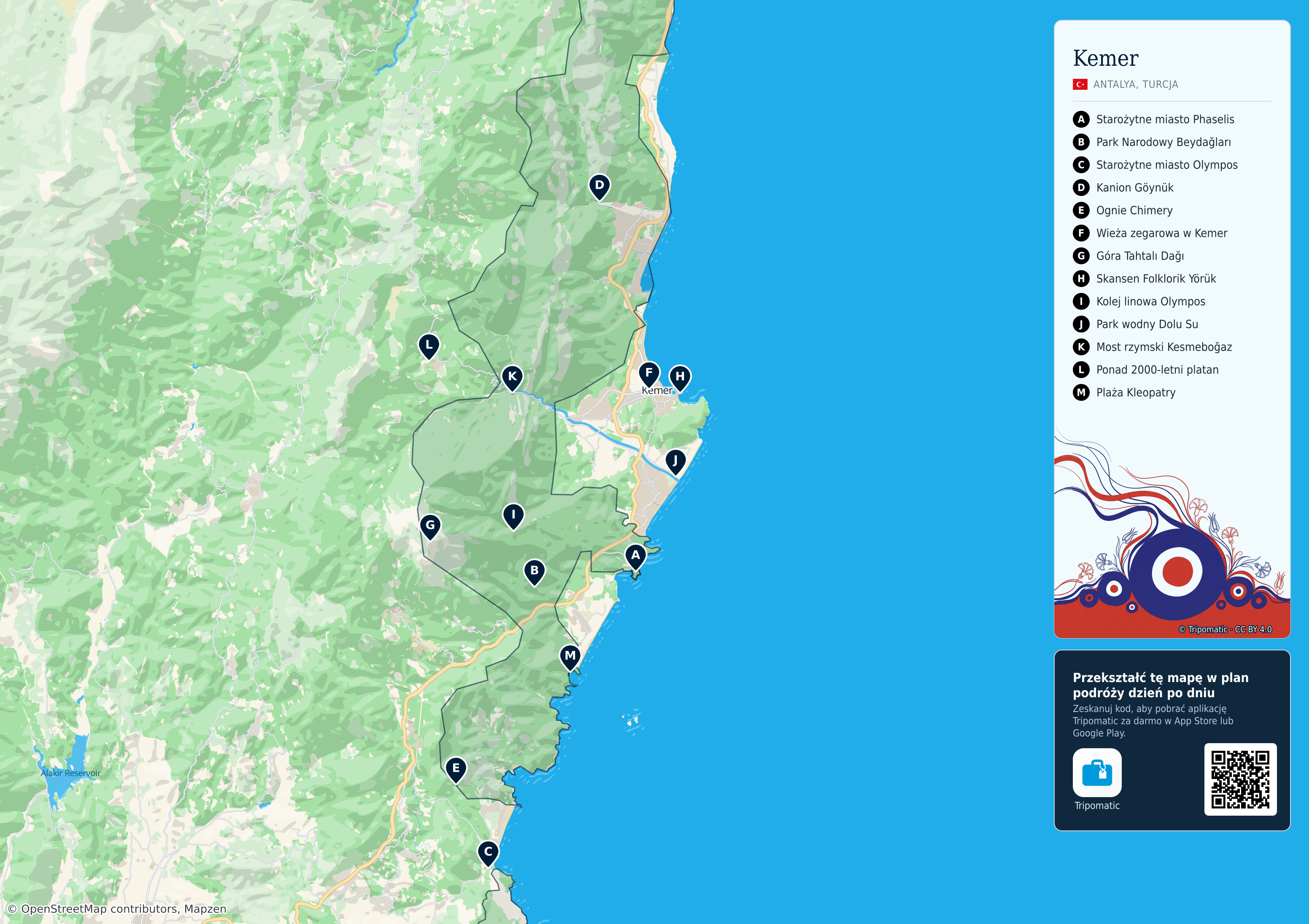 Kemer – turystyczna mapa do druku z ponumerowanymi atrakcjami