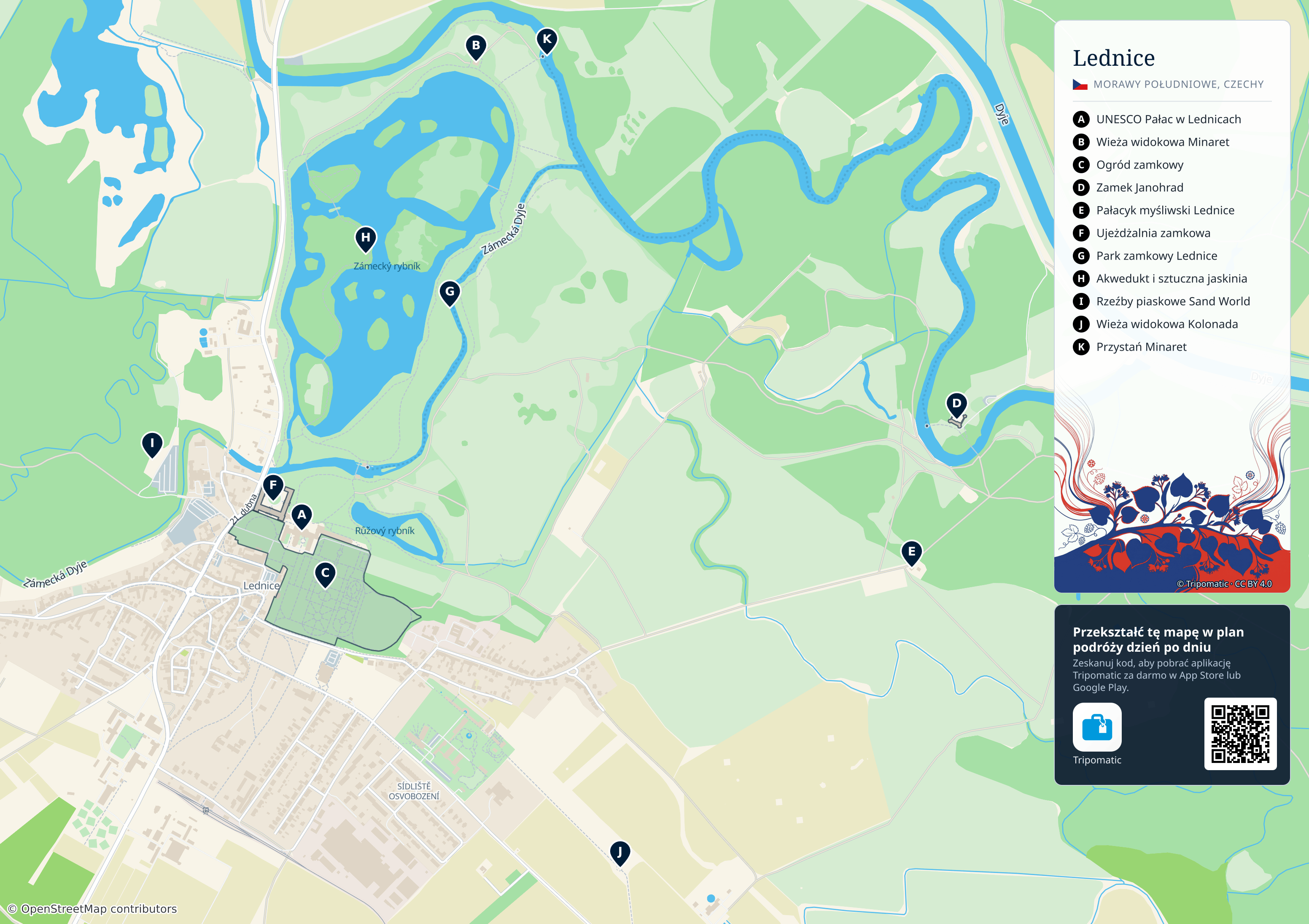 Lednice – turystyczna mapa do druku z ponumerowanymi atrakcjami