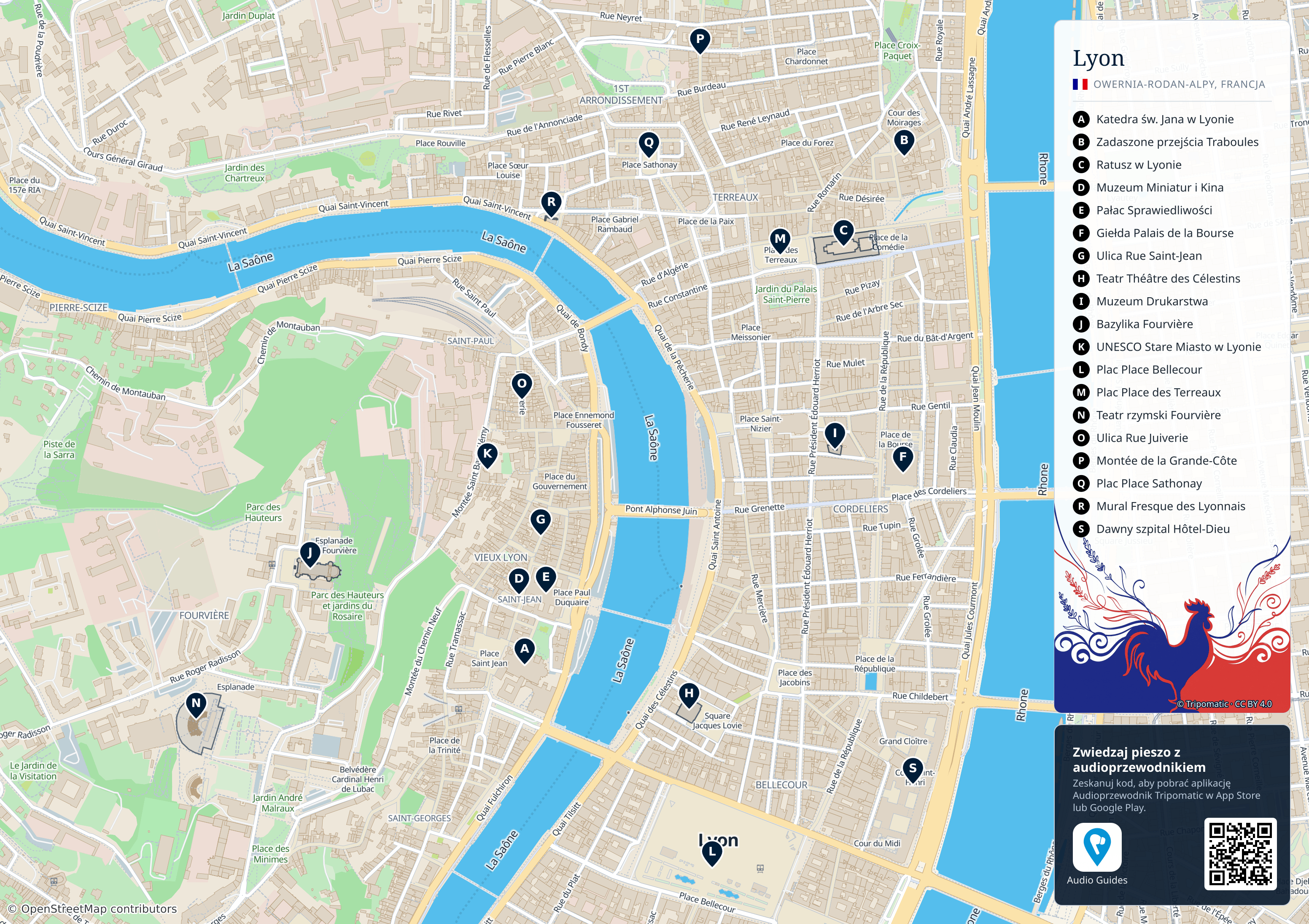 Lyon – turystyczna mapa do druku z ponumerowanymi atrakcjami