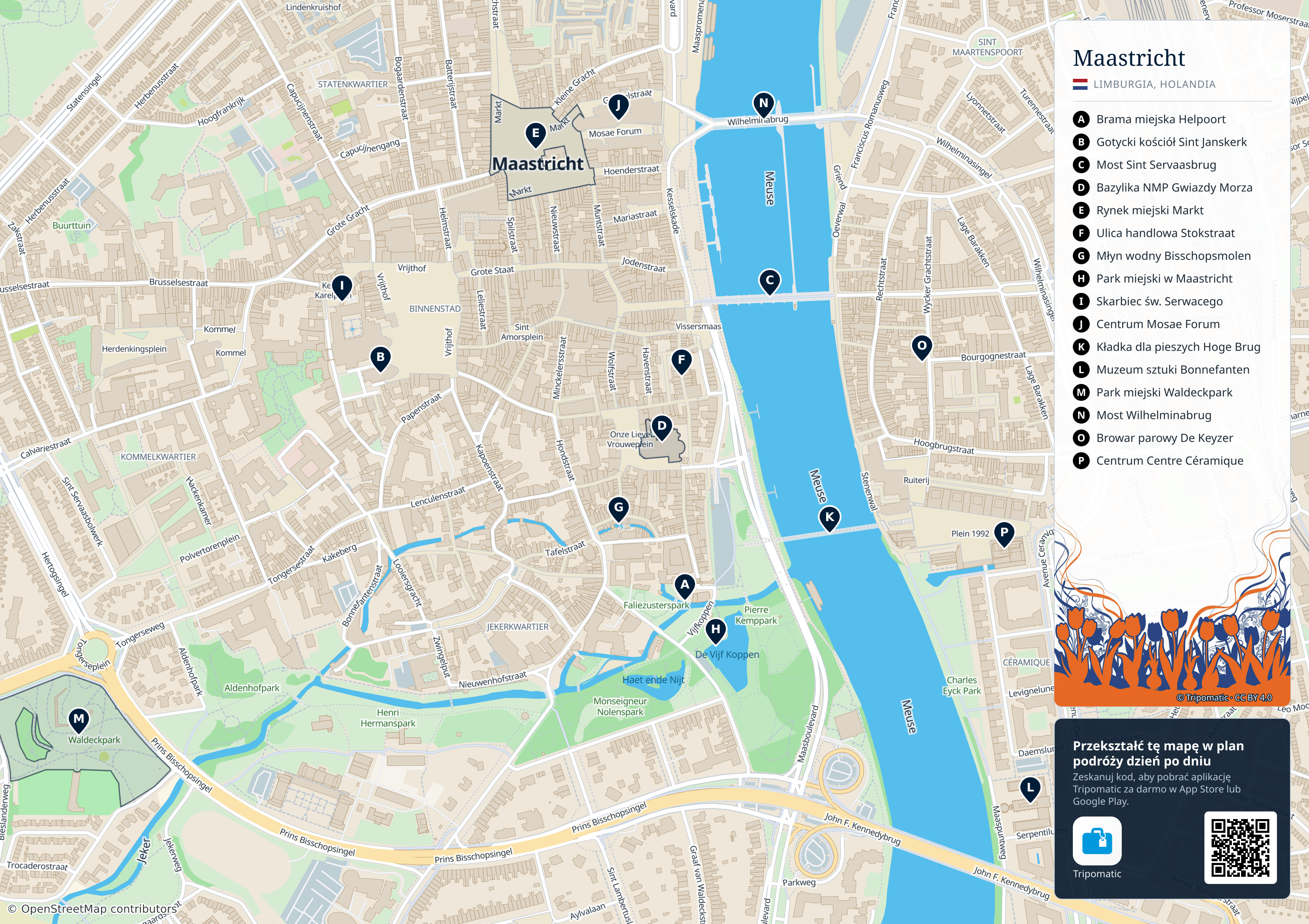 Maastricht – turystyczna mapa do druku z ponumerowanymi atrakcjami