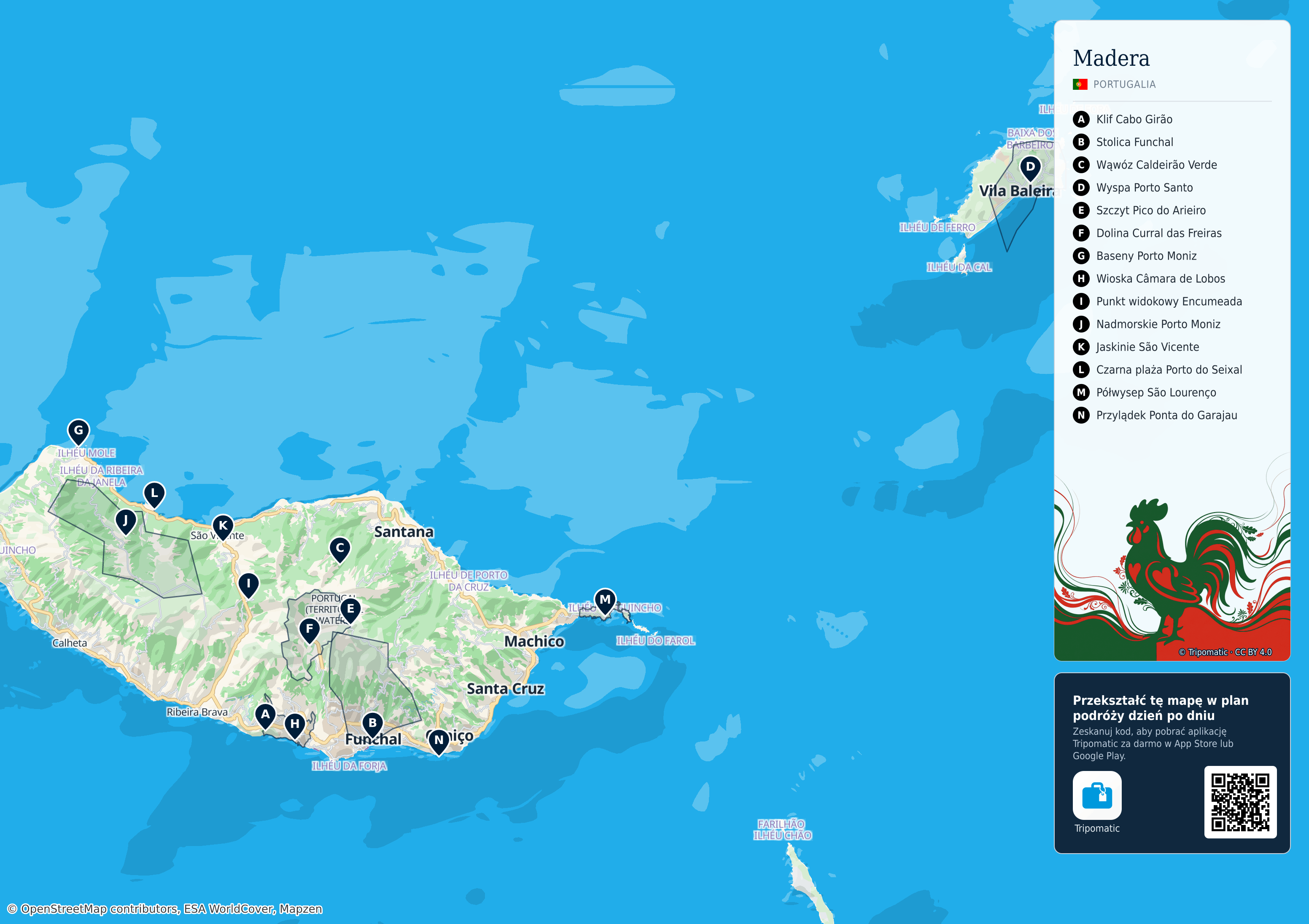 Madera – turystyczna mapa do druku z ponumerowanymi atrakcjami